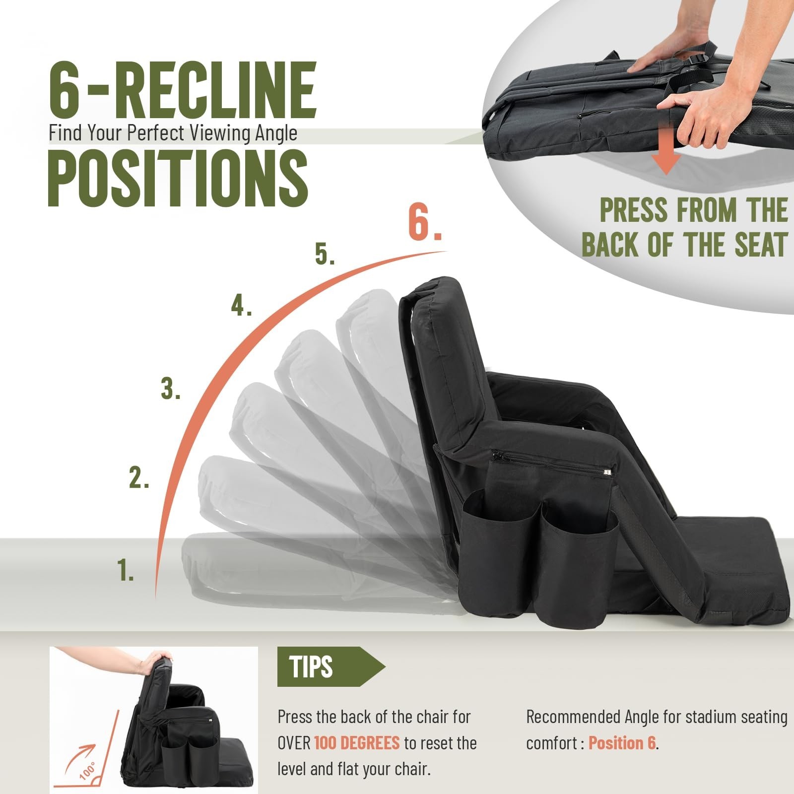 Overmont Stadium Seat with Back Support - 2.8'' Padded Cushion 6-Position Rec...