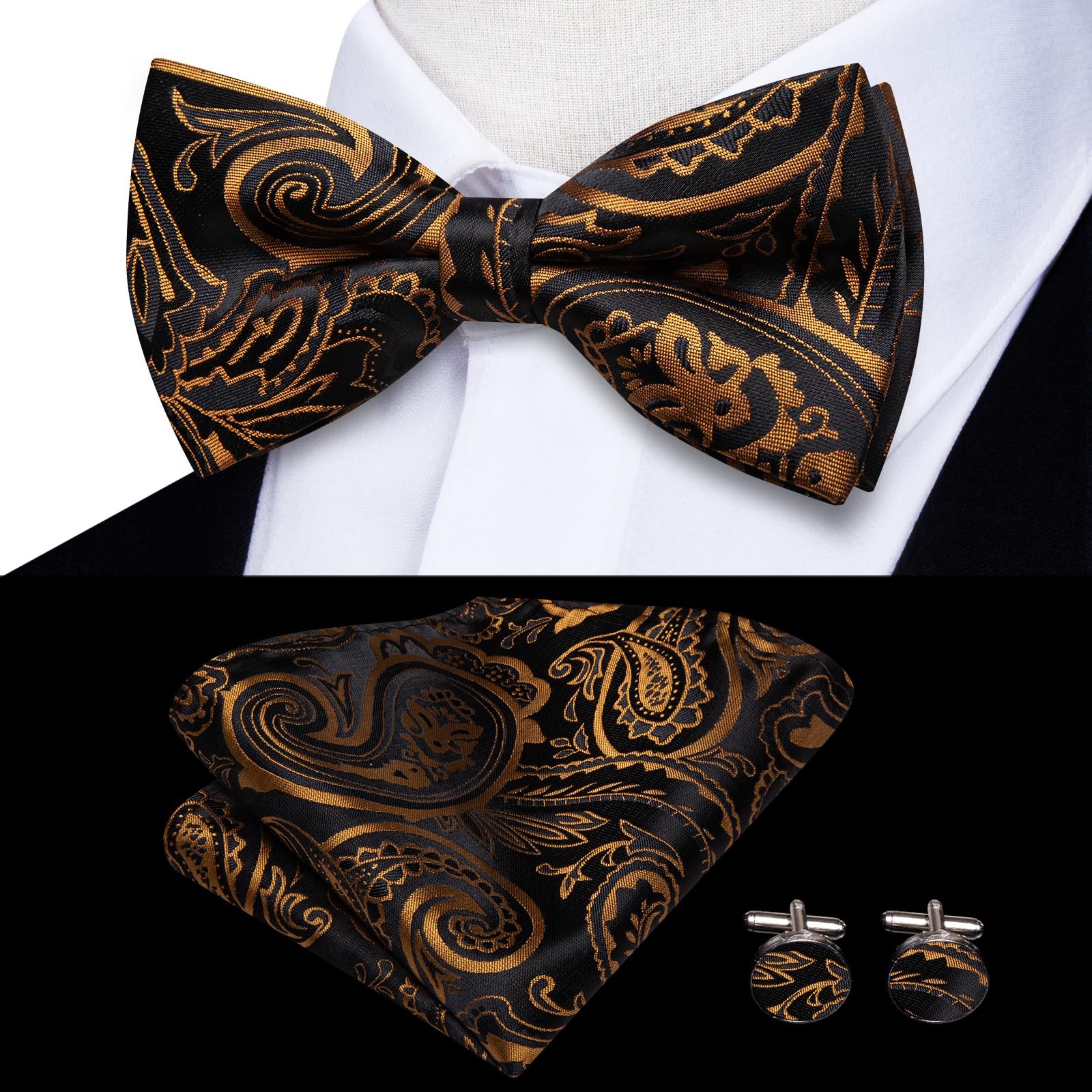Suspender And Bow Tie For Men Paisley Solid Braces Pretied Hankie Cufflink