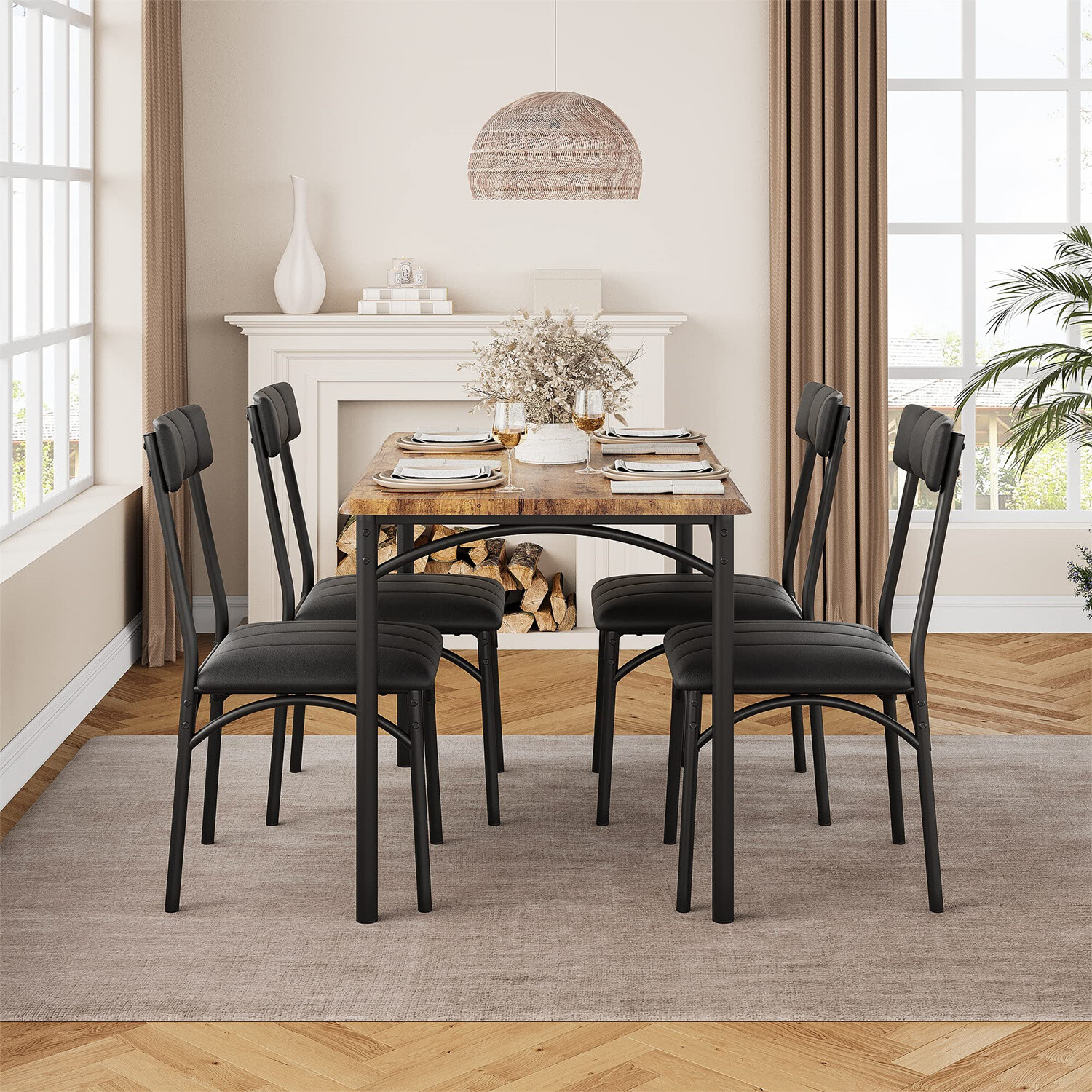 ✈️💒Dining Table Set for 4 Kitchen Table and Chairs Metal and Wood Upholstered C