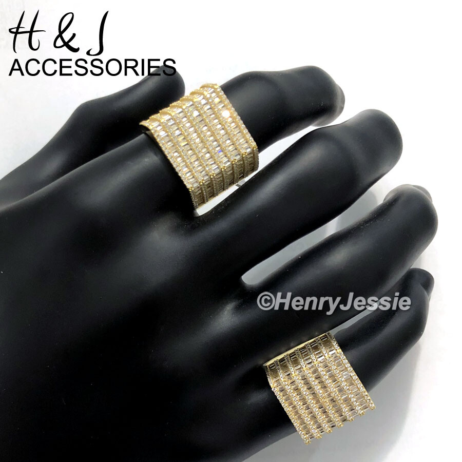 MEN 925 STERLING SILVER ICY BAGUETTE CZ 3D GOLD PLATED RECTANGLE RING*AGR178