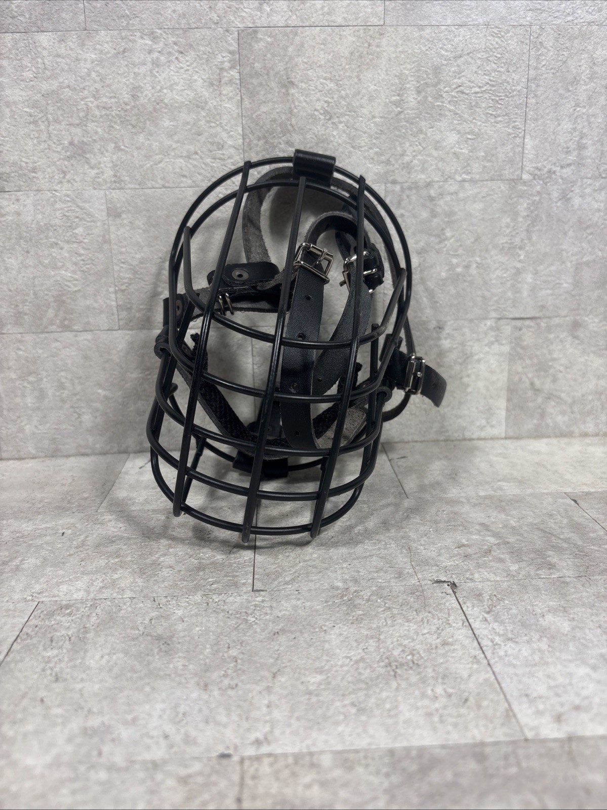 Black Metal Wire Basket Dog Muzzle Adjustable Leather Straps Large Breed Safety