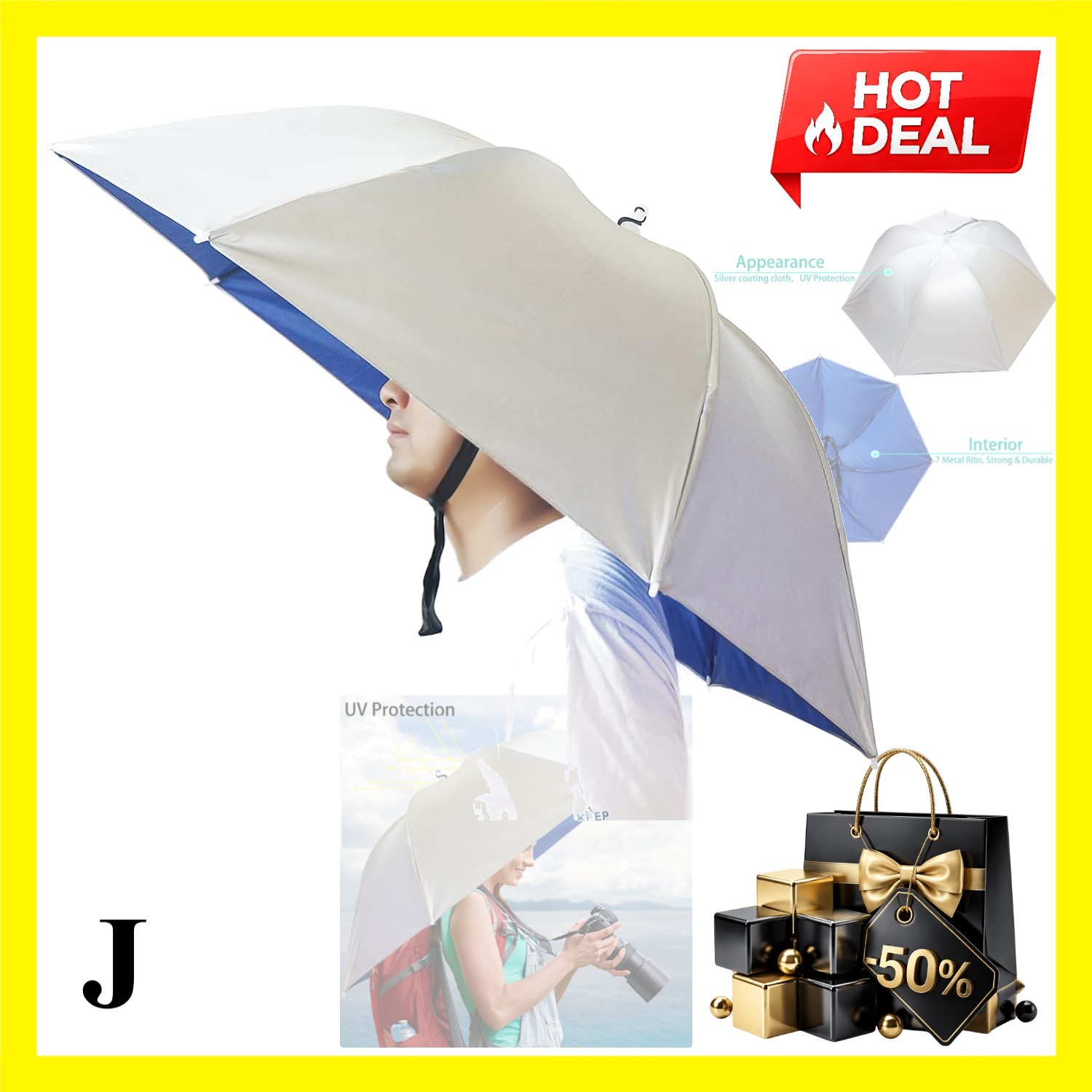Umbrella Hat, 37 inch Fishing Umbrella Hat Hands Free Foldable UV Protection ...