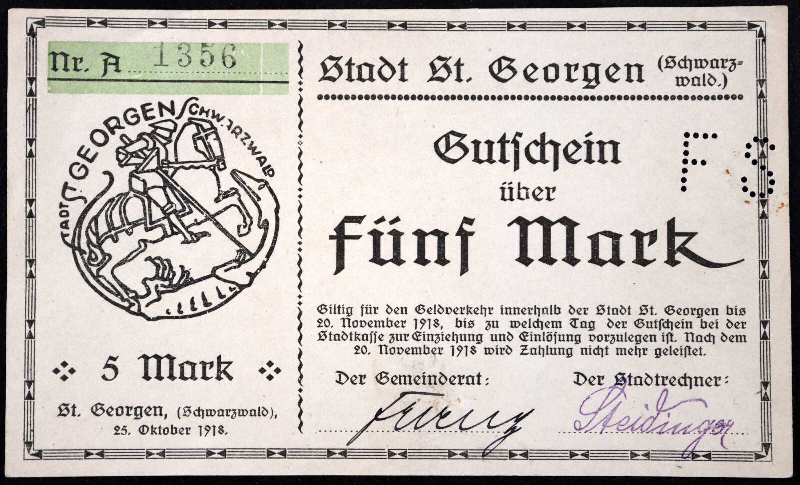ST. GEORGEN 1918 5 Mark Grossnotgeld German Notgeld Banknote