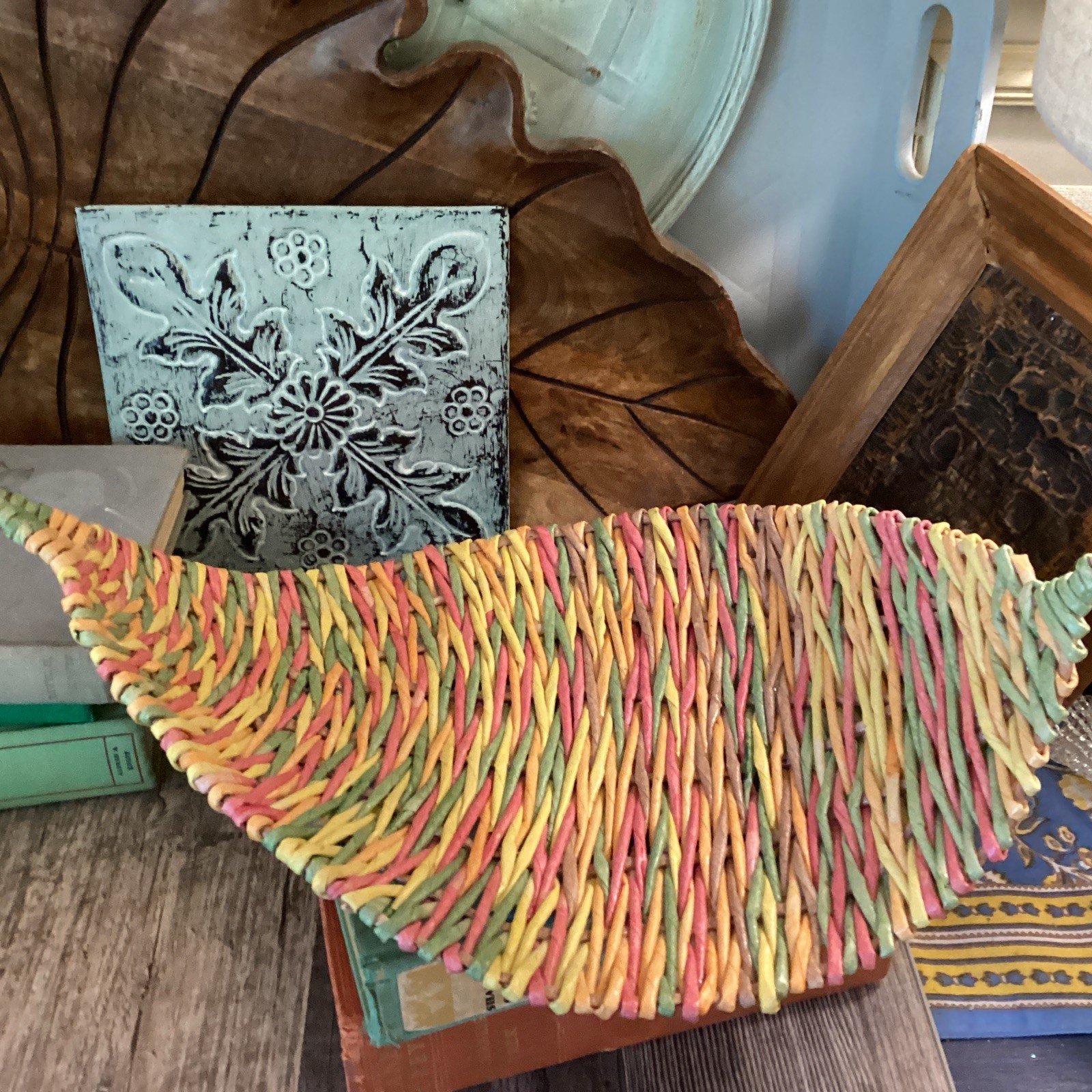 colorful woven leaf basket large decor boho  16 1/2 Long 9 1/2” Wide