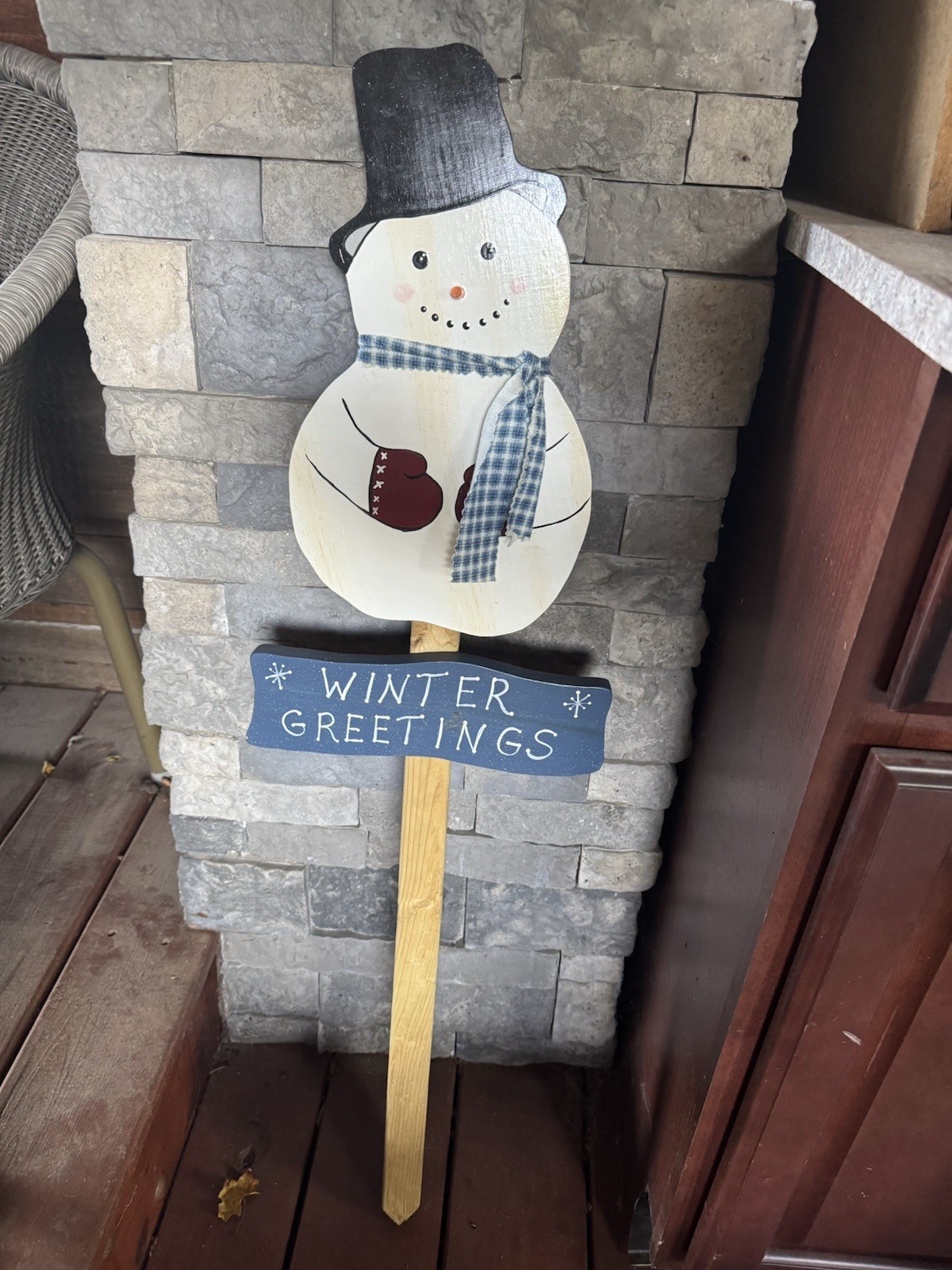 Winter Greeting Snowman on Wooden Stake Post Christmas 39”x 10.5”.