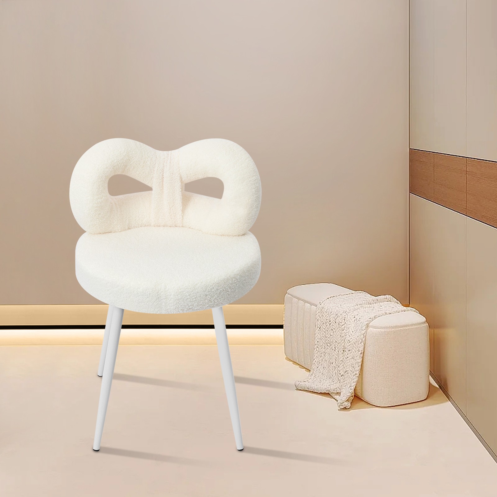 Vanity Chair with Cute Bow Backrest & Wheels 360° Rolling Makeup Seat White