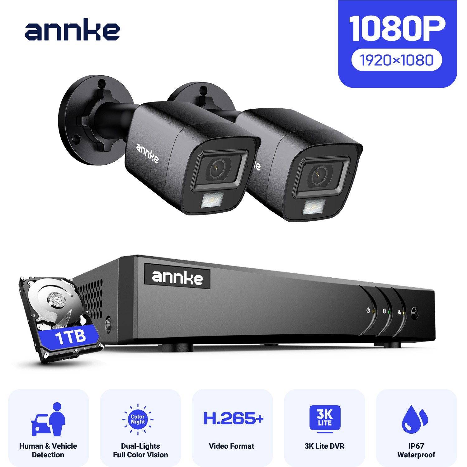 ANNKE 8CH 3K Lite DVR 1080P CCTV Security Camera System Color Night IP67 1TB HDD