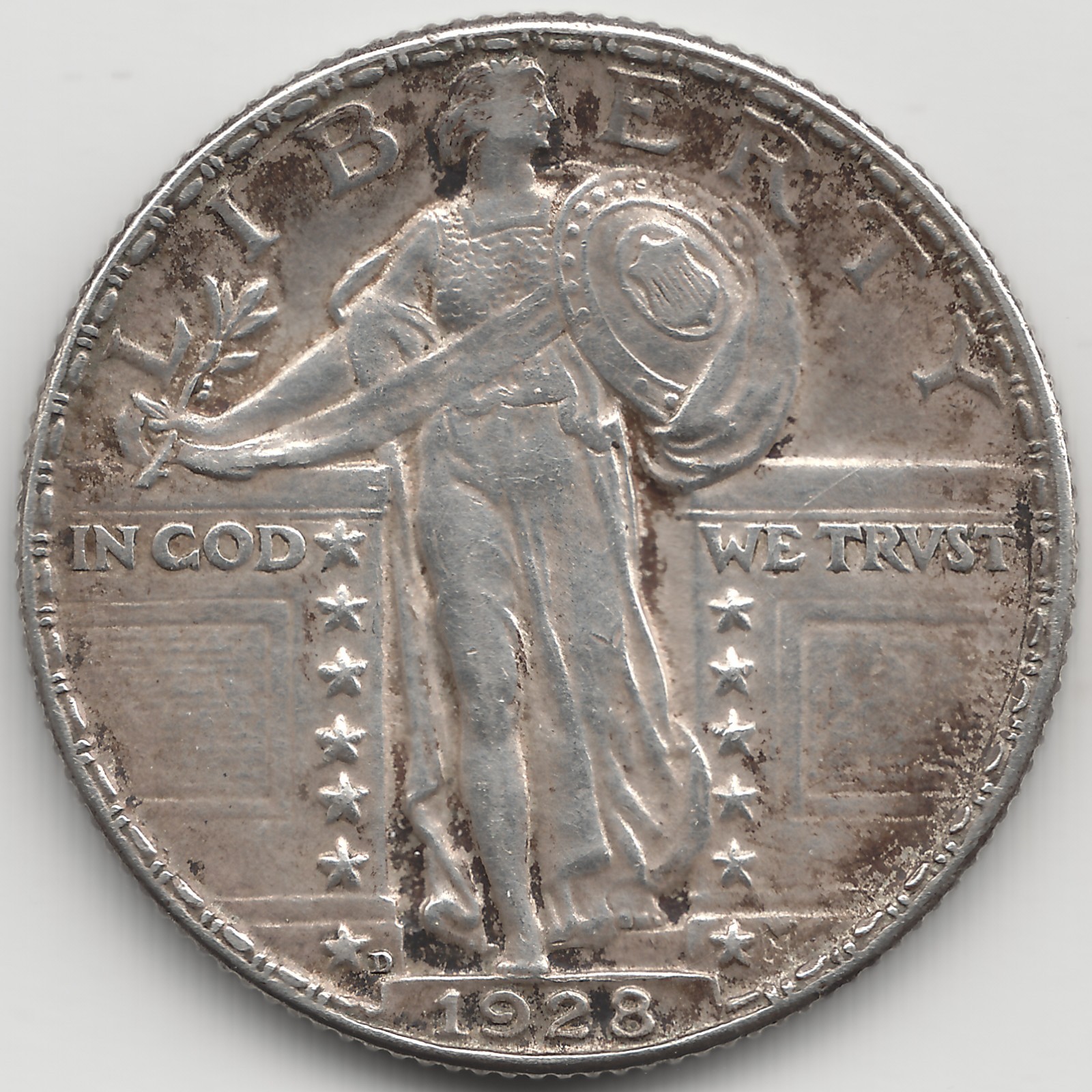 1928 D Standing Liberty Quarter, AU+, RPM, scratched