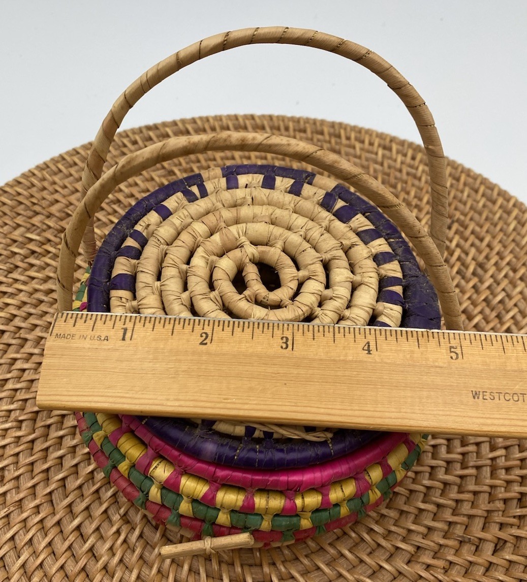 Hand Made Round Lidded Basket With Handles Locking Multi Color