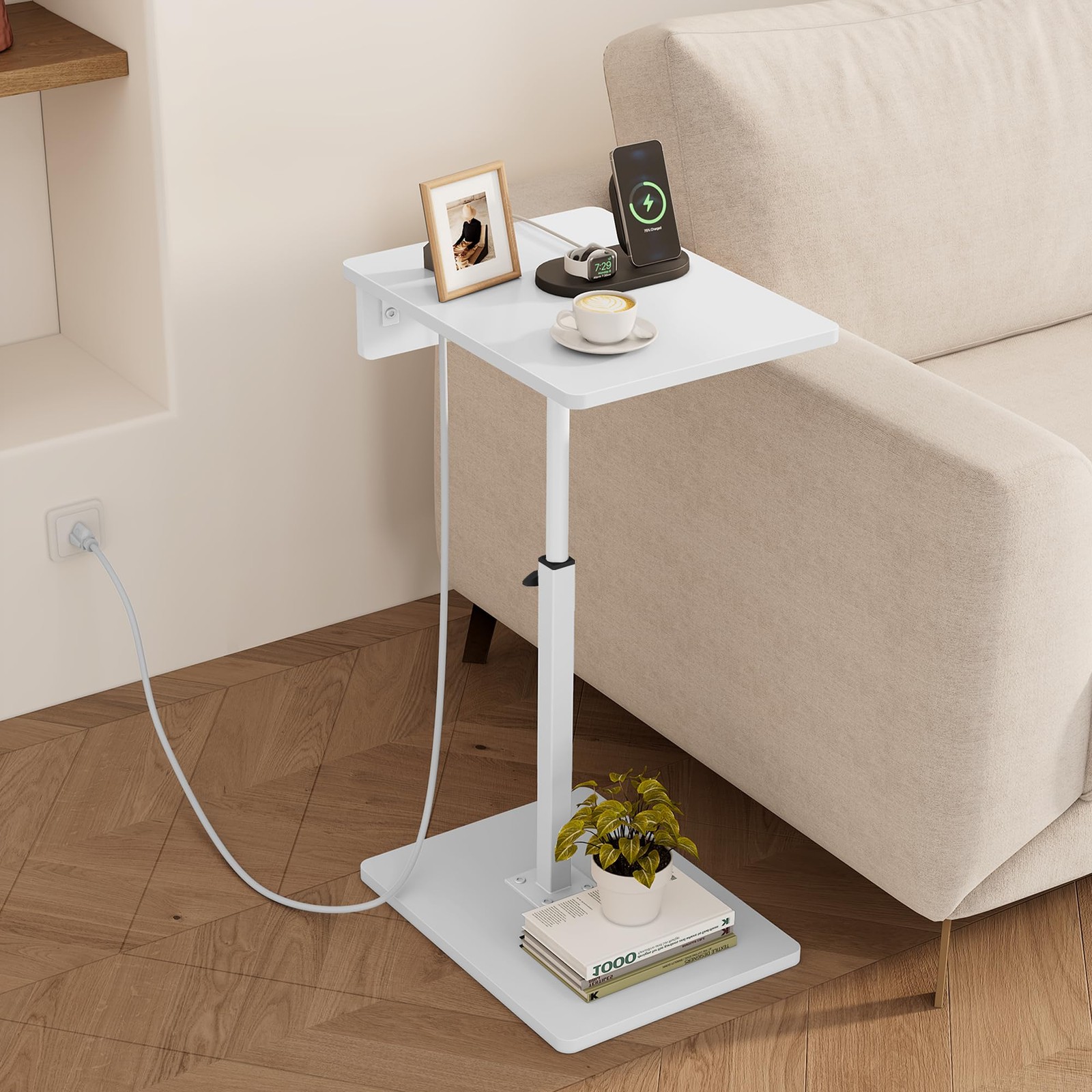 C Shaped End Table with Charging Station, Adjustable Height C Table End Table...