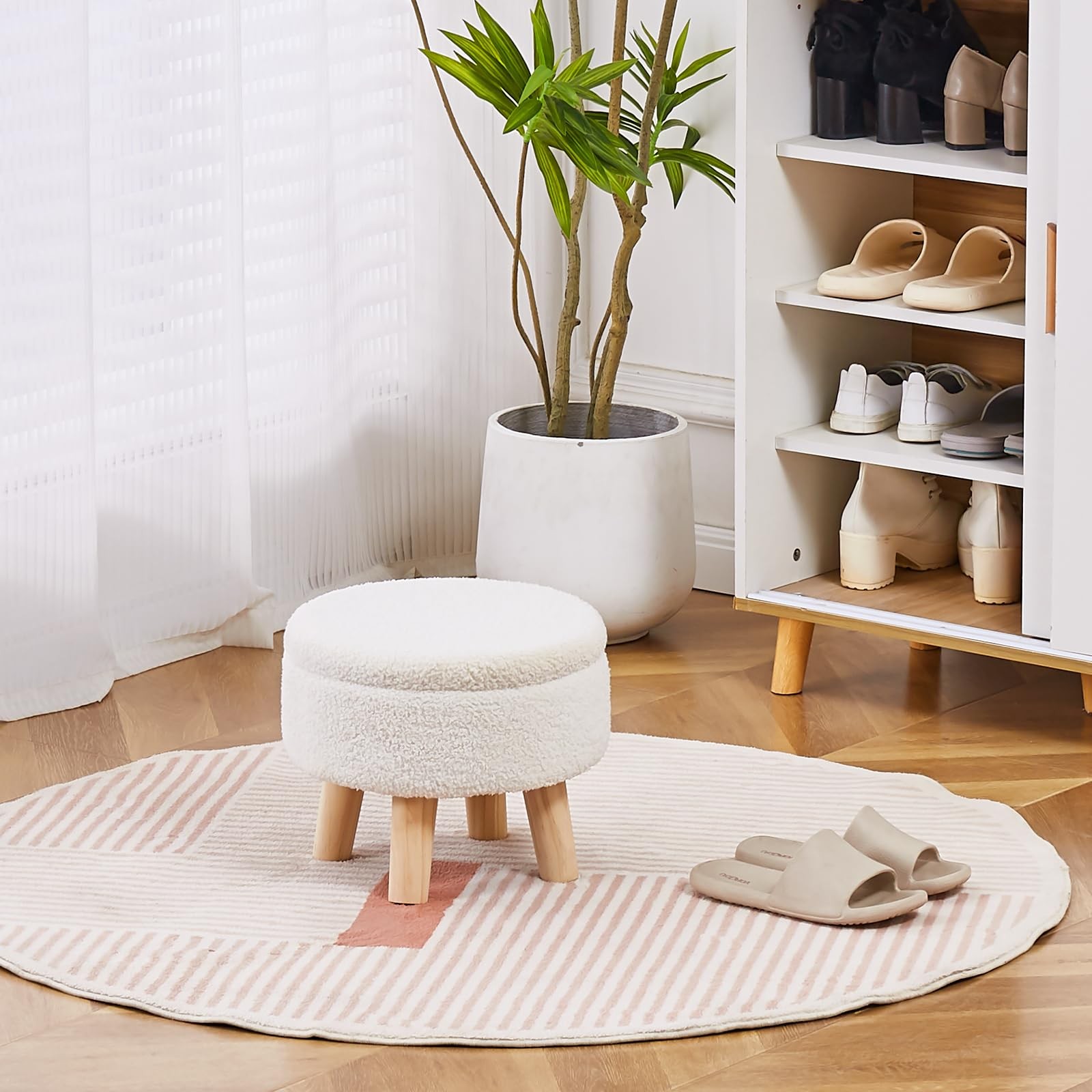 Wimarsbon Storage Ottoman, Modern Round Footrest with Soft Padded Seat, Teddy Ve