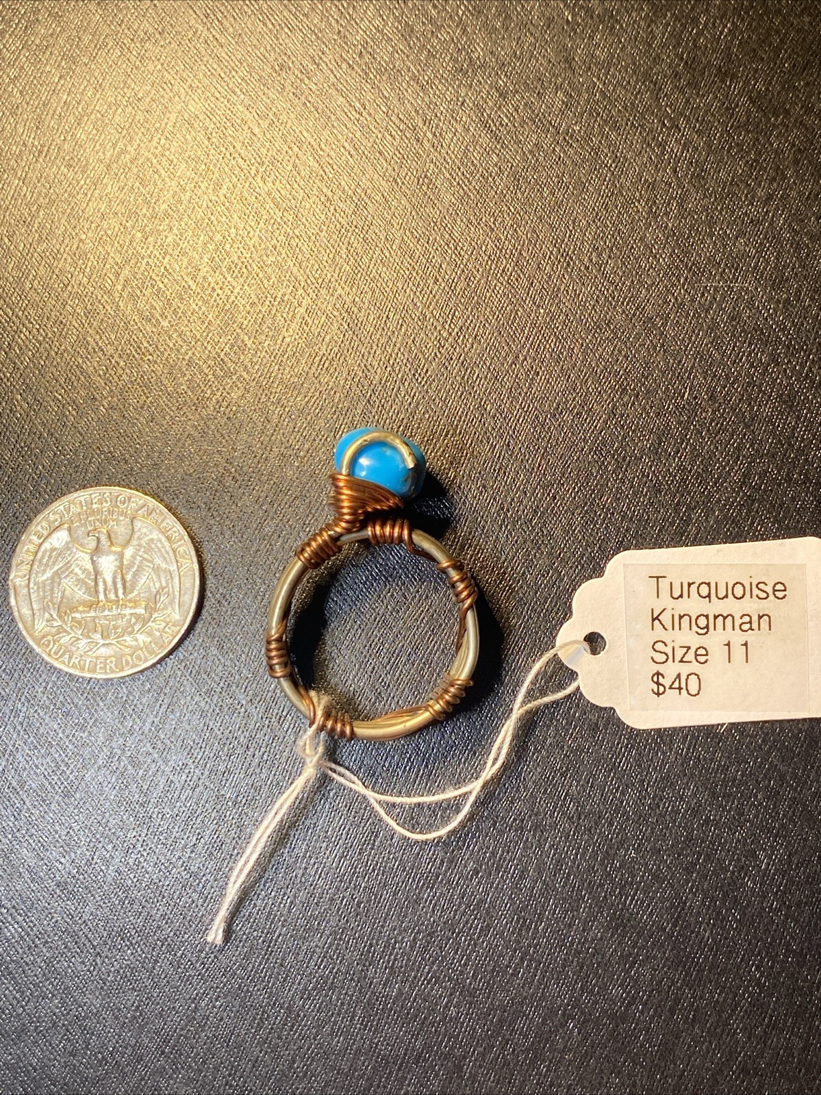 Deep Blue Kingman Turquoise Ball Set In Silver Wire Wrapped Ring Size 11