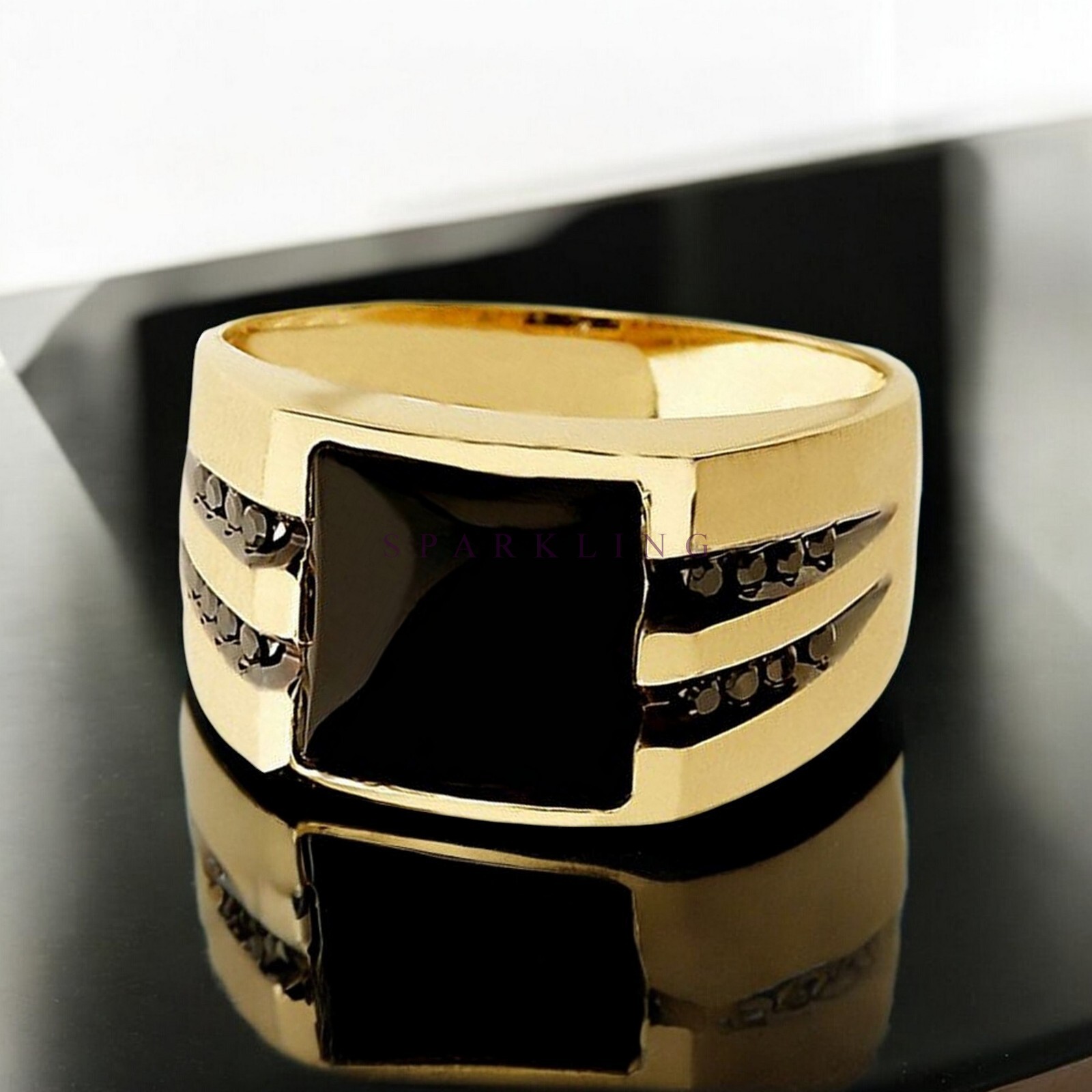 Black Onyx Square Cut With 14K Solid Gold Ring For Men #D884