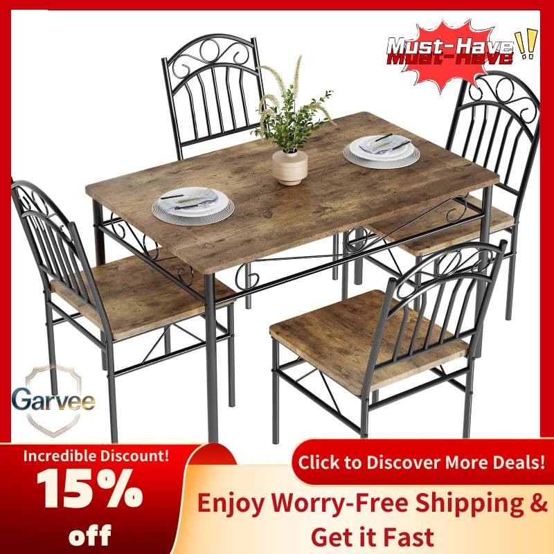 Retro Industrial Dining: 1 Table & 4 Chairs Wood Set, Ideal for Breakfast Nook