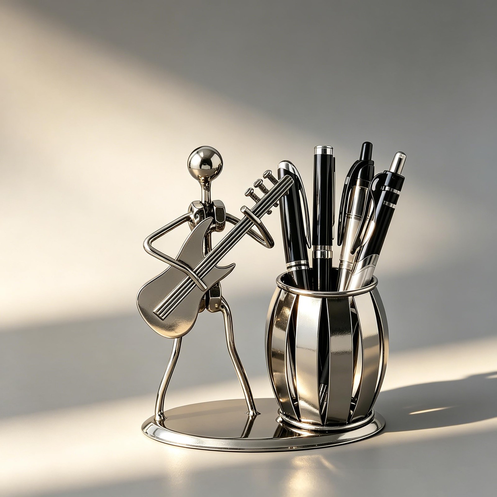 Guitar Decor Pen Organizer for Desk, Metal Pencil Holder Ornament, Silver