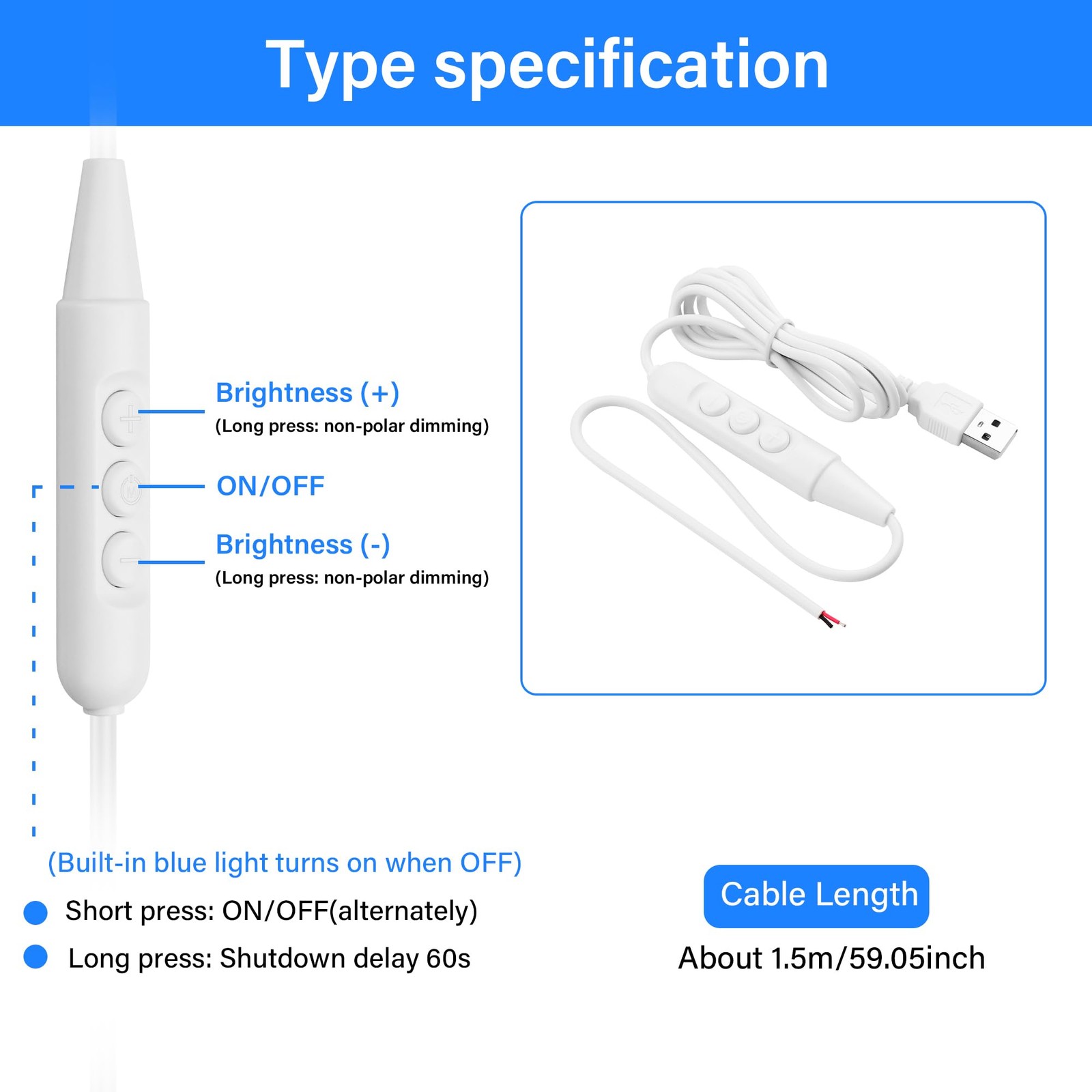 5Pcs USB Cable, 6-Speed Dimming Switch, Stripped Ends, 1.5M/4.9FT, White