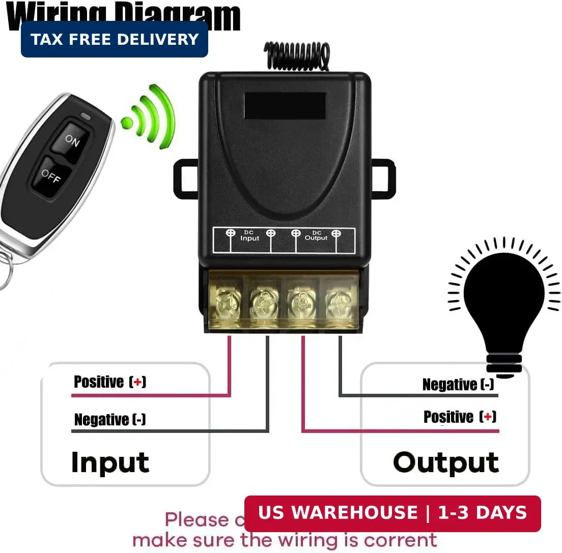 Wireless Remote Switch with 328 ft Long Range,DC 12V/24V/48V/72V Current Rating