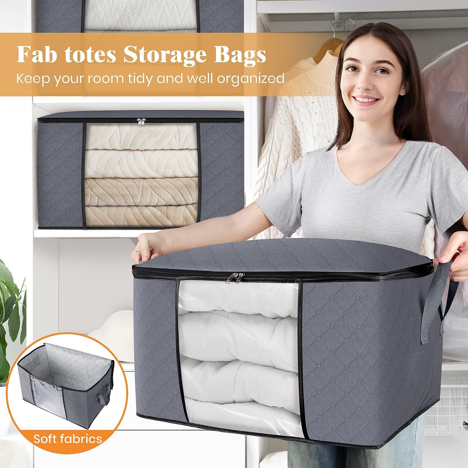 6 Pack Grey Clothes Storage Bags, Foldable Fabric, Handle, Closet Organizer