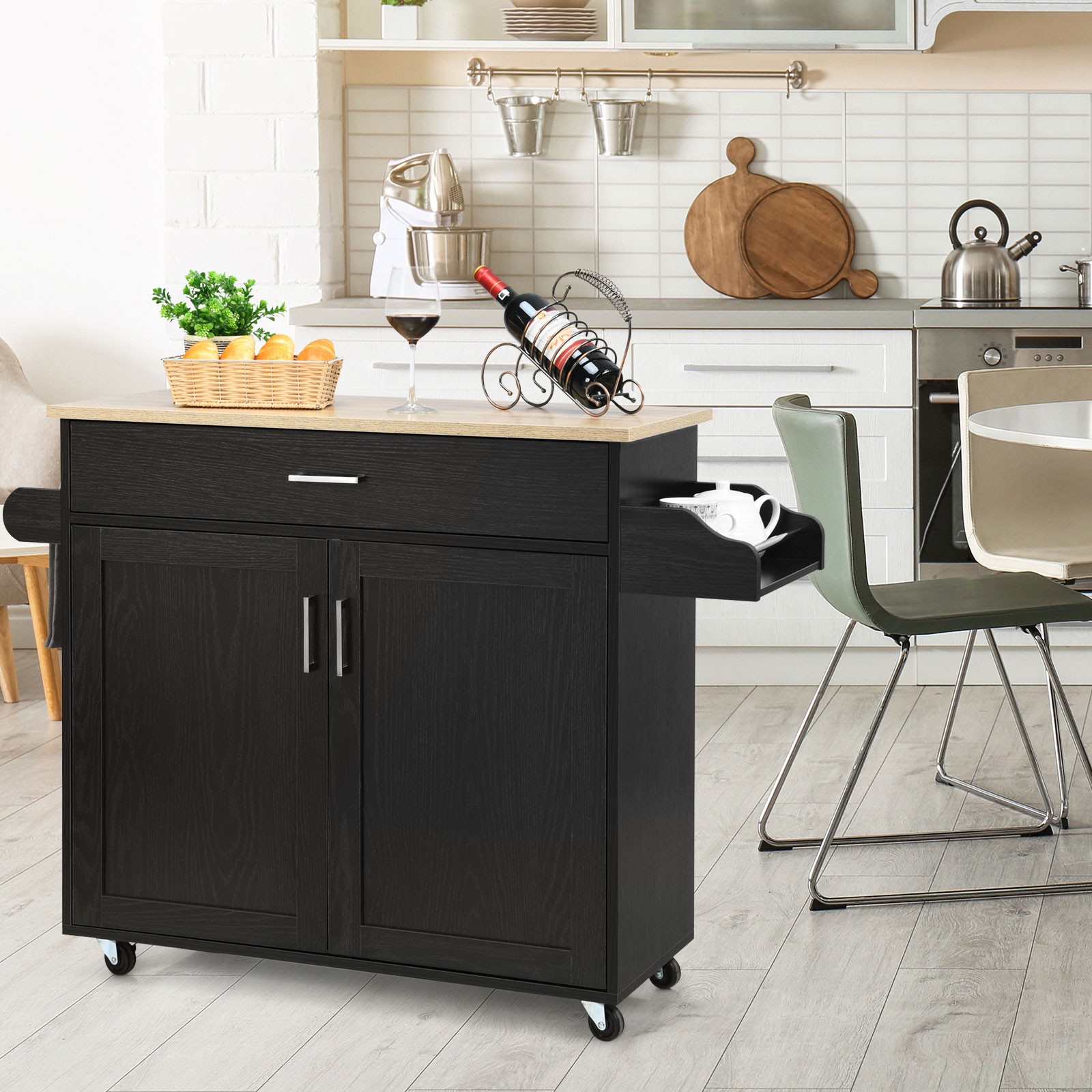 Costway Rolling Kitchen Island Cart Storage Cabinet w/ Towel & Spice Rack Black