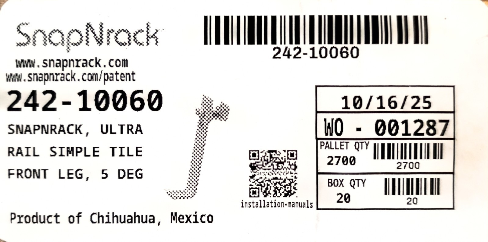 242-10060 Snapnrack, Ultra Rail Simple Tile Front Leg 5 Dig Box QTY. 20