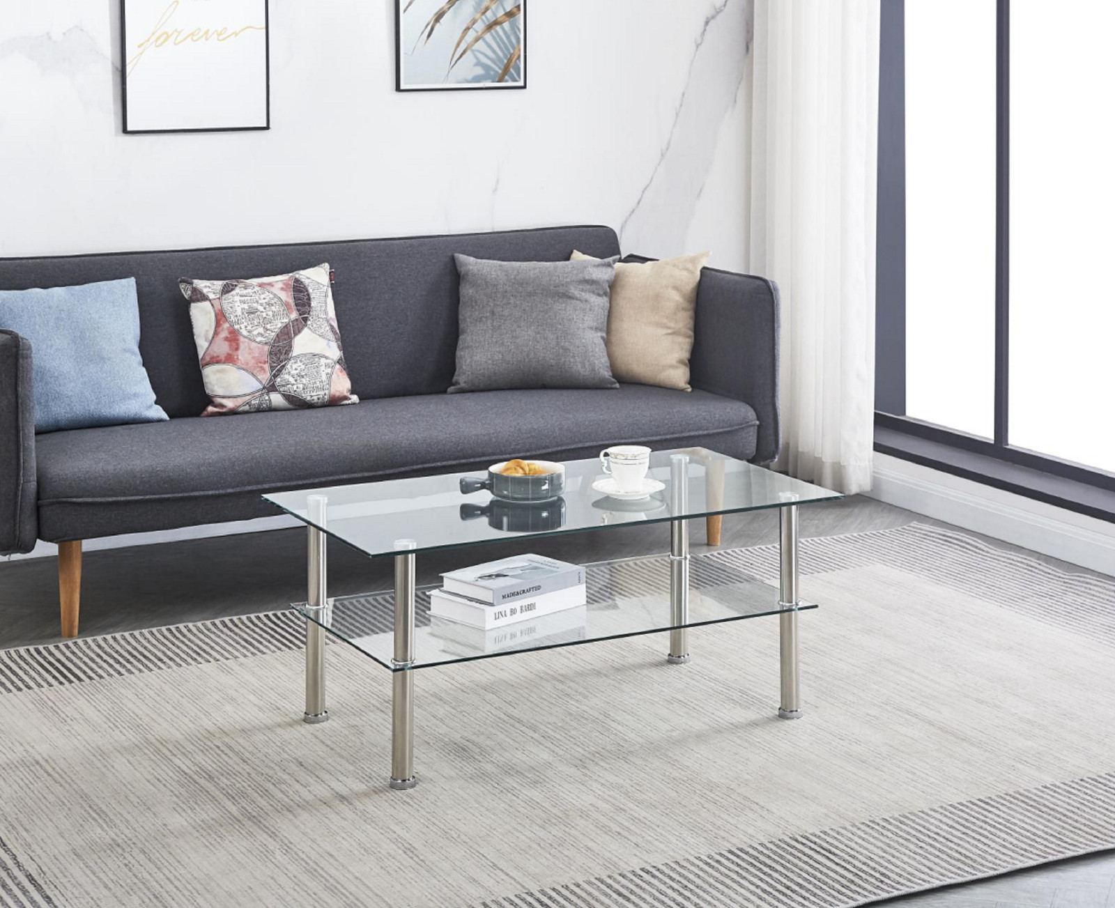 2-Layer Space Coffee Table ,Modern Sofa table with Storage Shelve for Living Ro