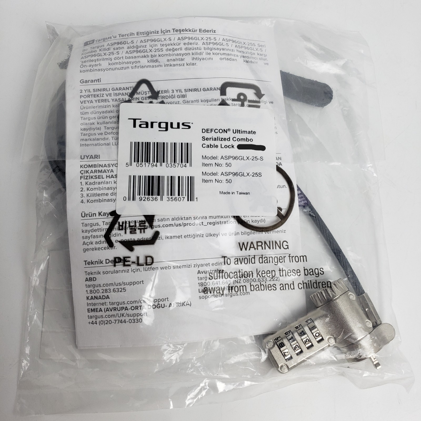 Targus DEFCON Ultimate Resettable Combination Cable Lock ASP96RGLX-25-S