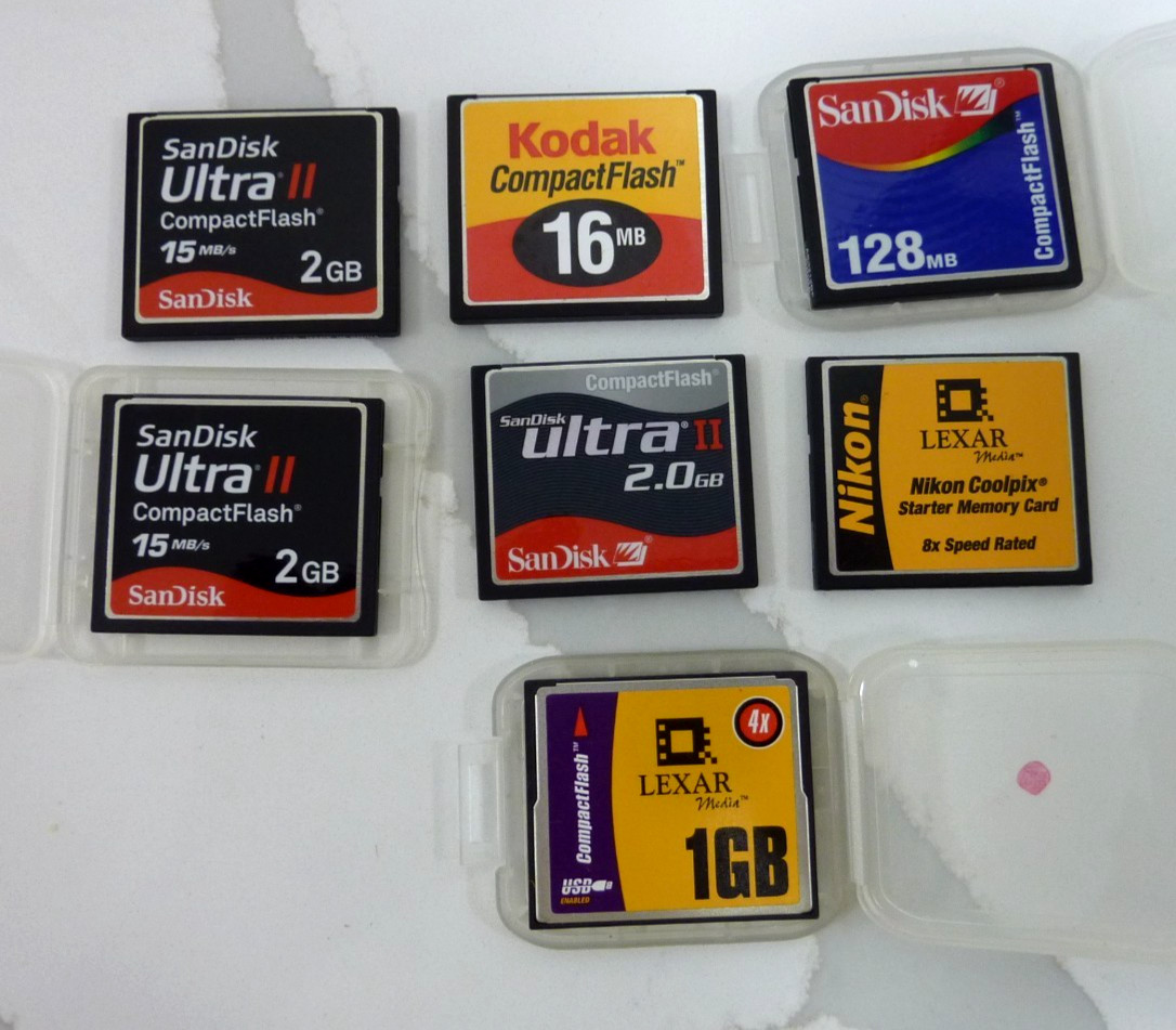 LOT of 7  Compact Flash Cards - Various Sizes - Lexar,  Nikon, San Disk, Kodak