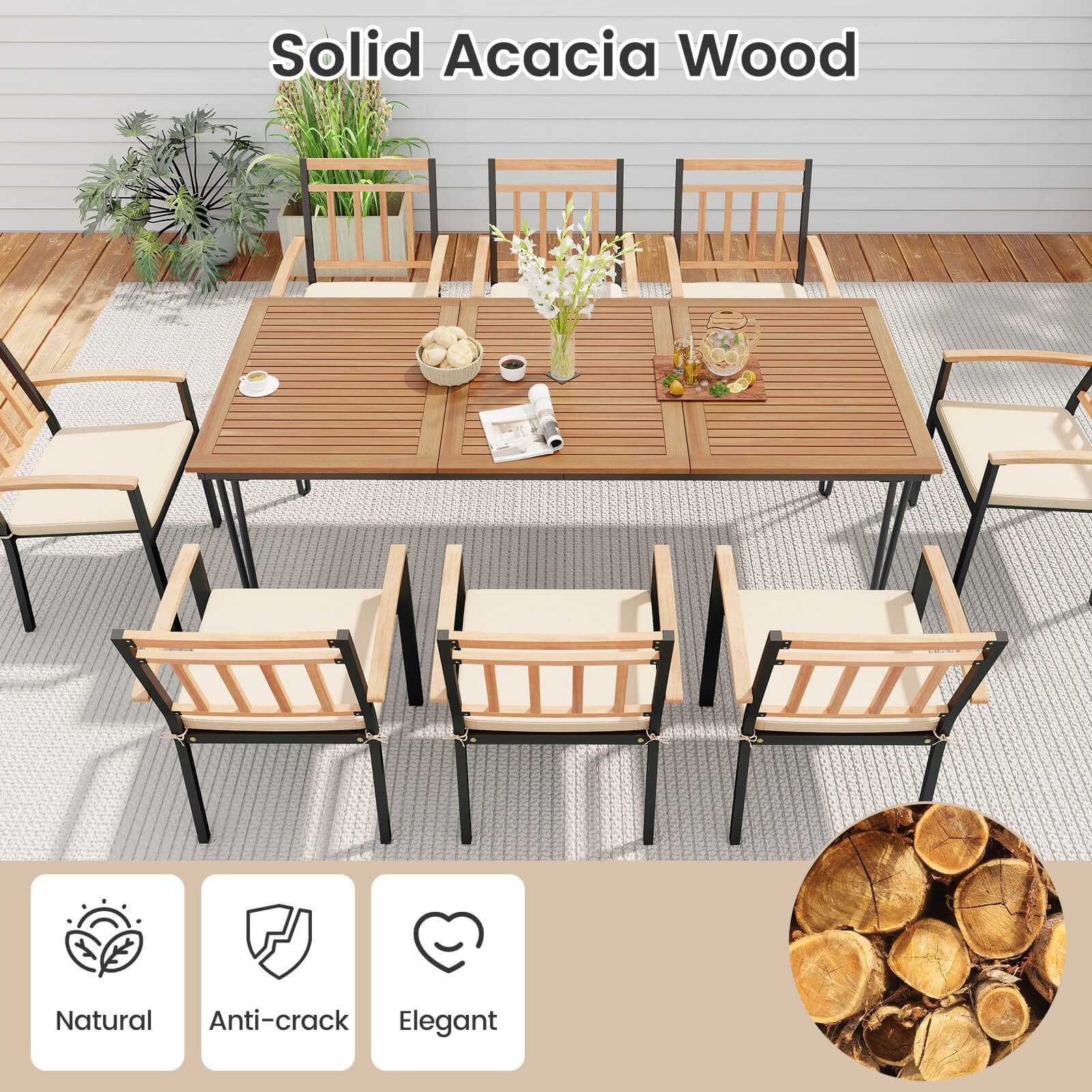 9 PCS Patio Dining Set w/Rectangular Acacia Wood Dining Table 8 Cushioned Chairs