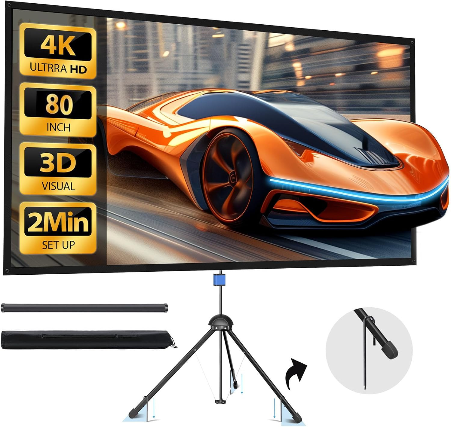 80" 4K HD Projector Screen with Stand for Indoor/Outdoor Use - Carry Bag Include
