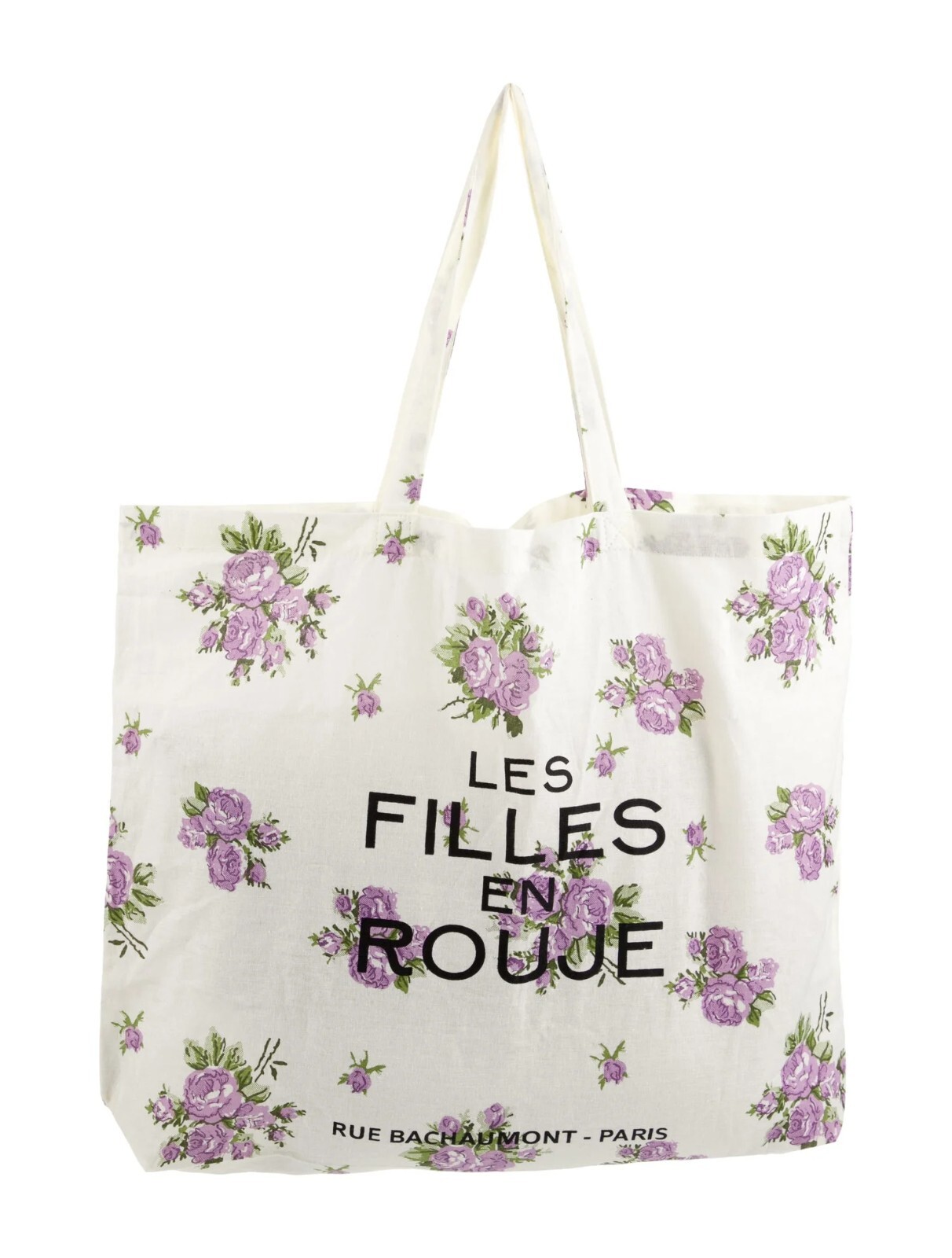 Rouje Floral Print Cotton Tote Bag Purple Cream 18.5x15x3"