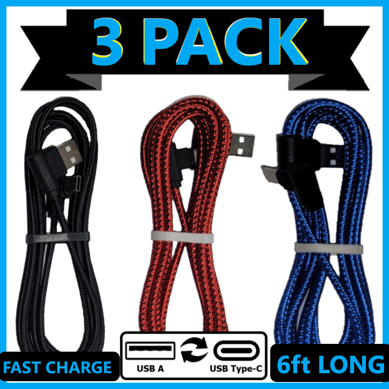 3 PACK Braided 6ft Type C Fast Charger Cable Nylon Quick USB Cord 90 Degree Long