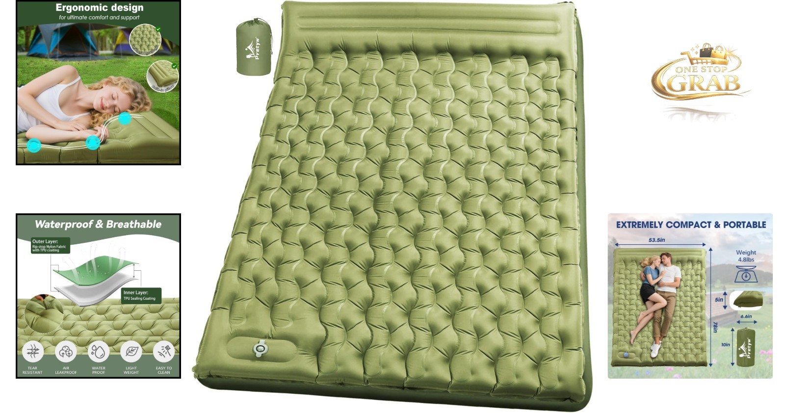 Double Camping Sleeping Pad 5 Inch Thick Self-Inflating Pillow Lightweight