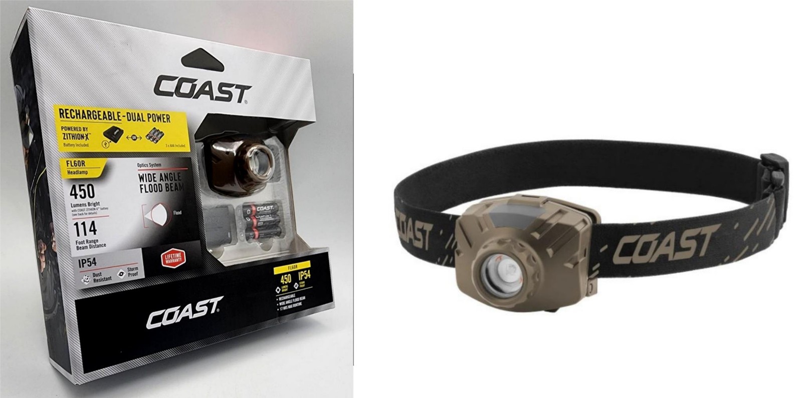 COAST FL60R 450 lumens LED Dual power HEADLAMP USB Rechargeable Wide Angle Beam