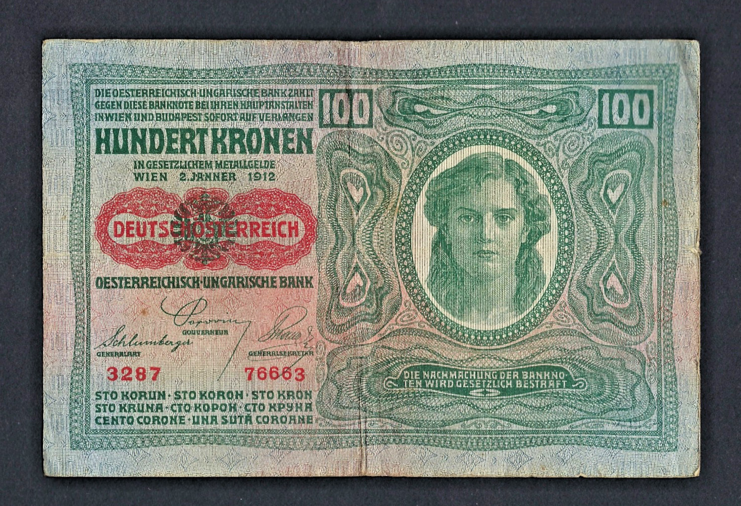 AUSTRIAN-HUNGARIAN BANK-GERMAN AUSTRIA OVERPRINT 100 CROWNS 1912