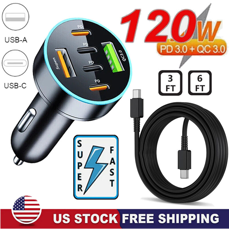 120W Fast Car Charger 6-Port Adapter&Cable For Motorola Moto G Play/Stylus/Power