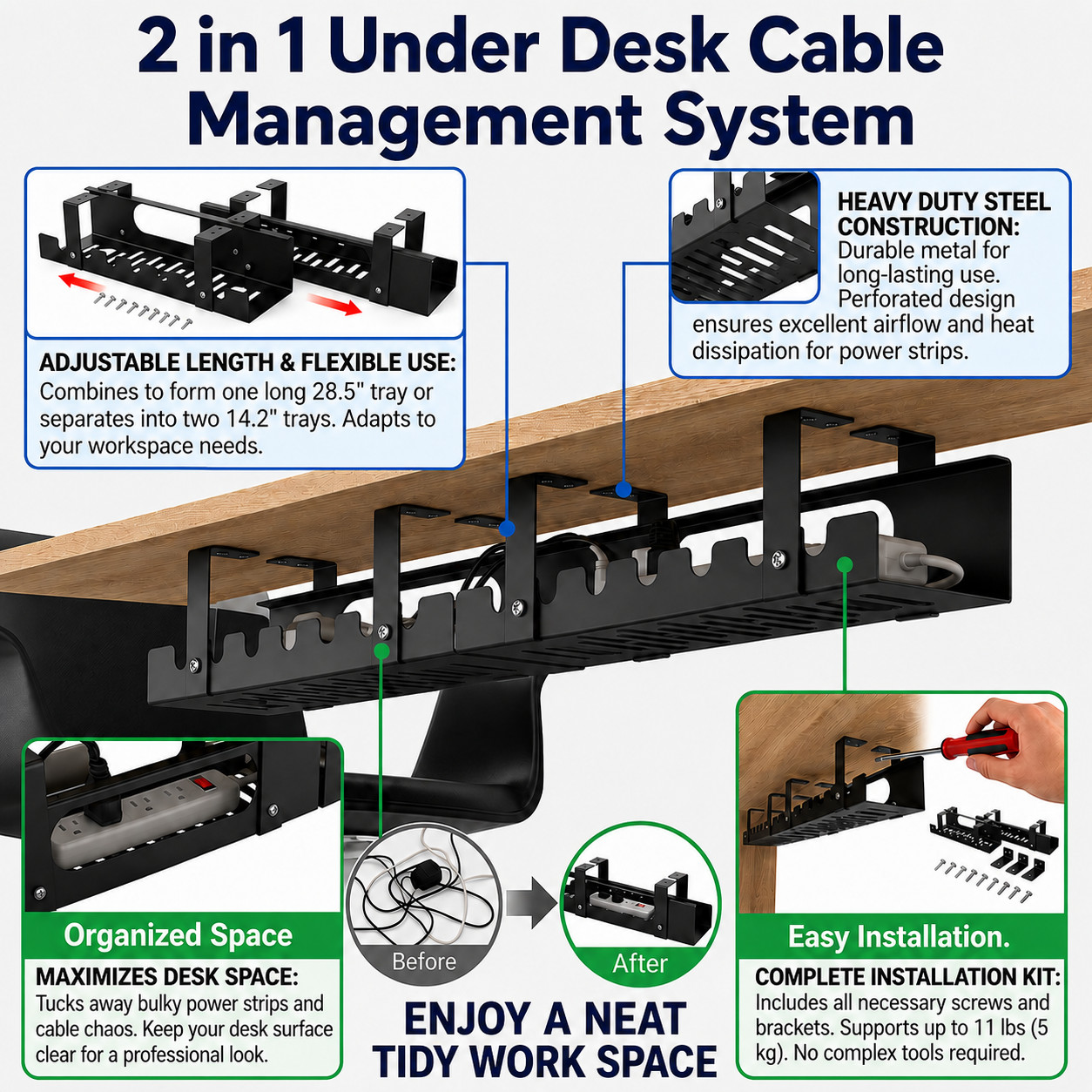 2 Pack Extendable Under Desk Cable Management Tray Metal Wire Organizer Black