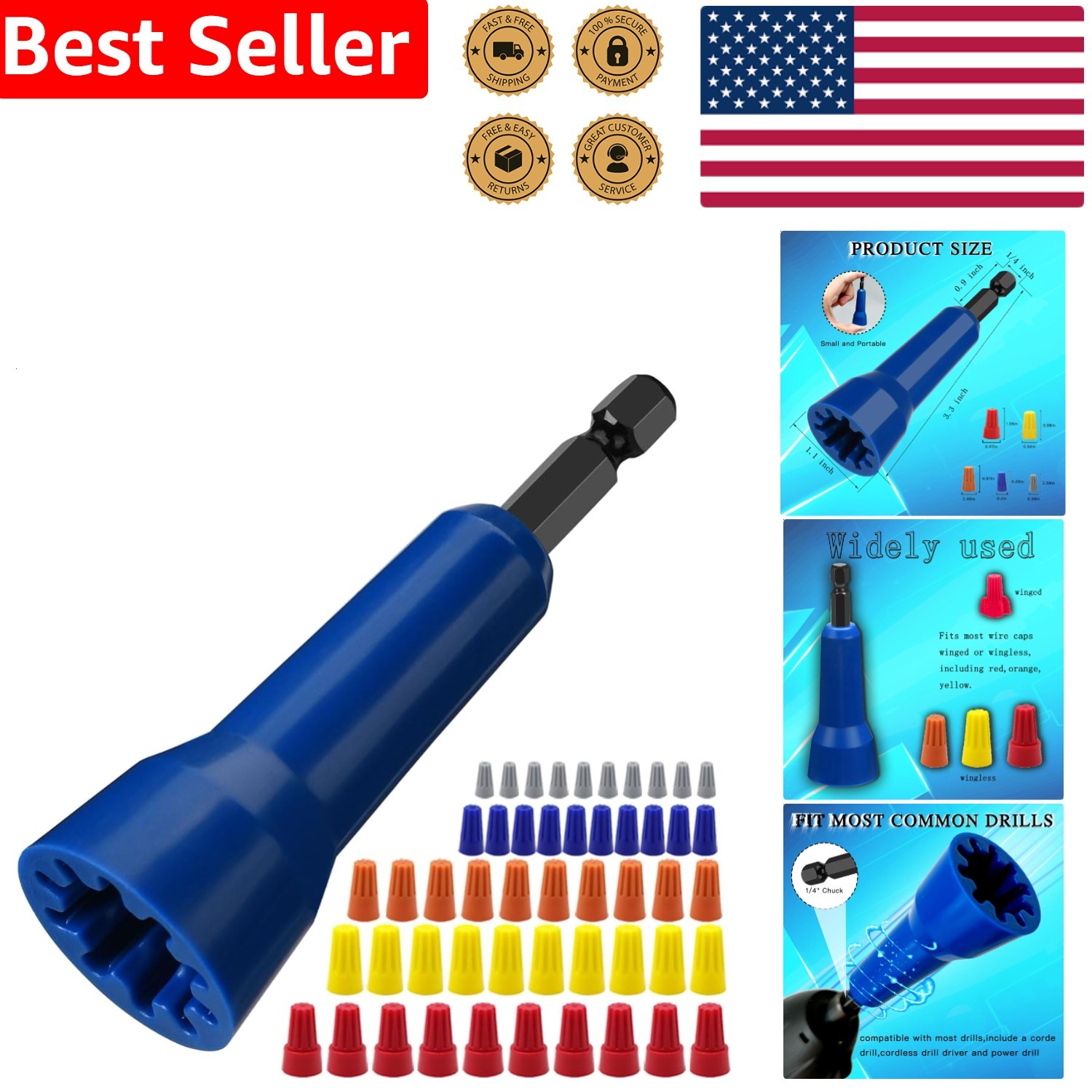 Wire Nut Driver Tool Set with 50 Caps, Electrician Quick Twist Connector