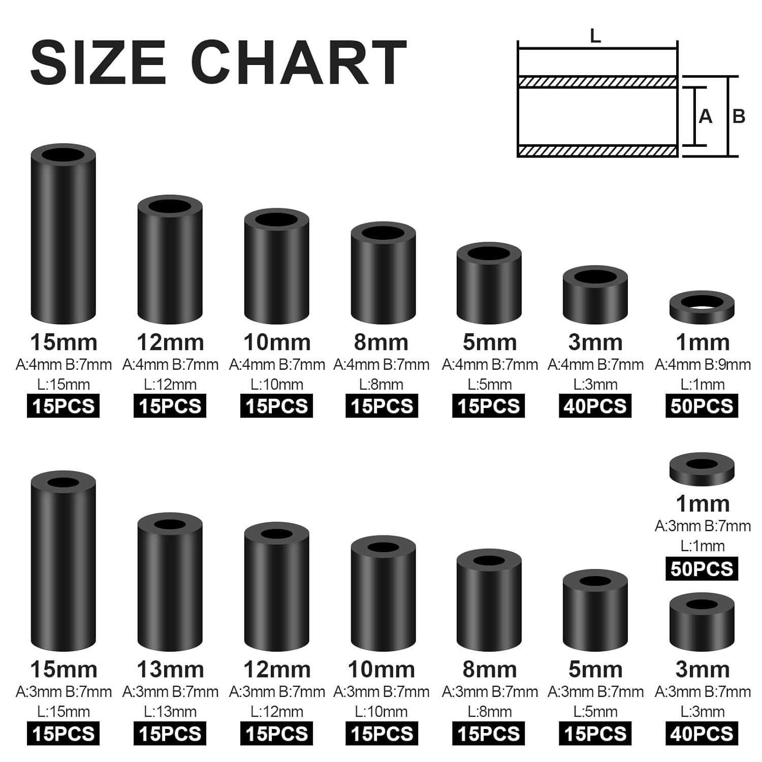 345 Pcs Black Nylon Electrical Outlet Spacers Kit - Non-Threaded Round Plastic S