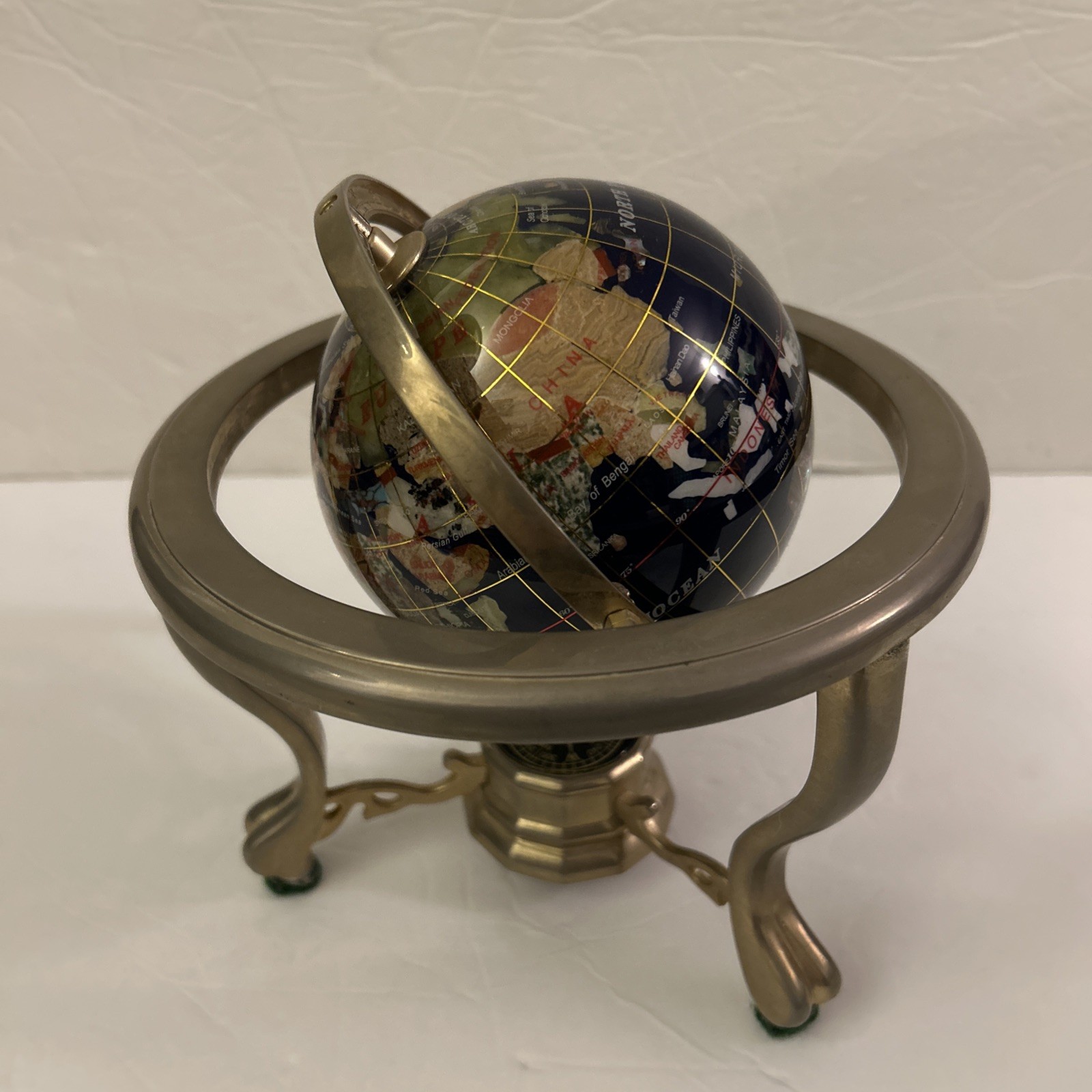 Blue Lapis Globe Ocean 8” Table Top Gemstone World Gold Tripod Compass
