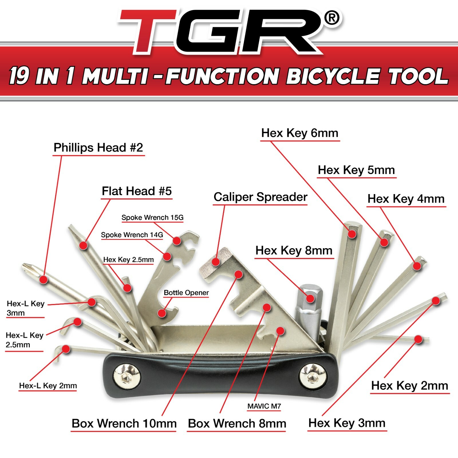 TGR 19 in 1 Folding Multi-Function Bicycle Bike Tool - Heavy Duty, Compact