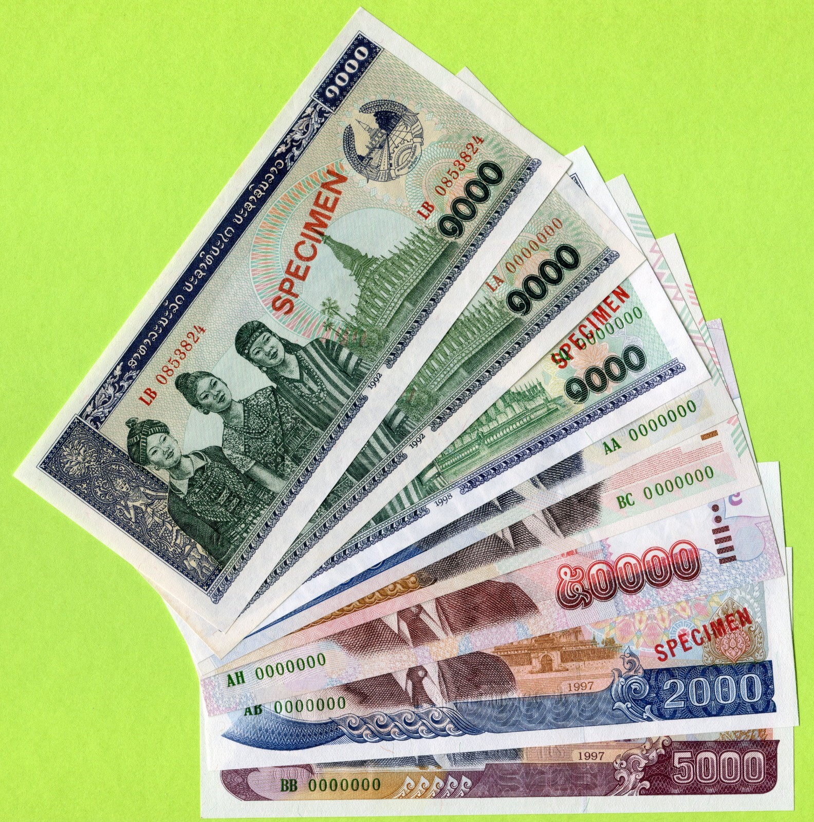 Laos 1000 2000 5000 10000 20000 50000 Kip 1992 - 2004 P32s - P38s UNC - Specimen