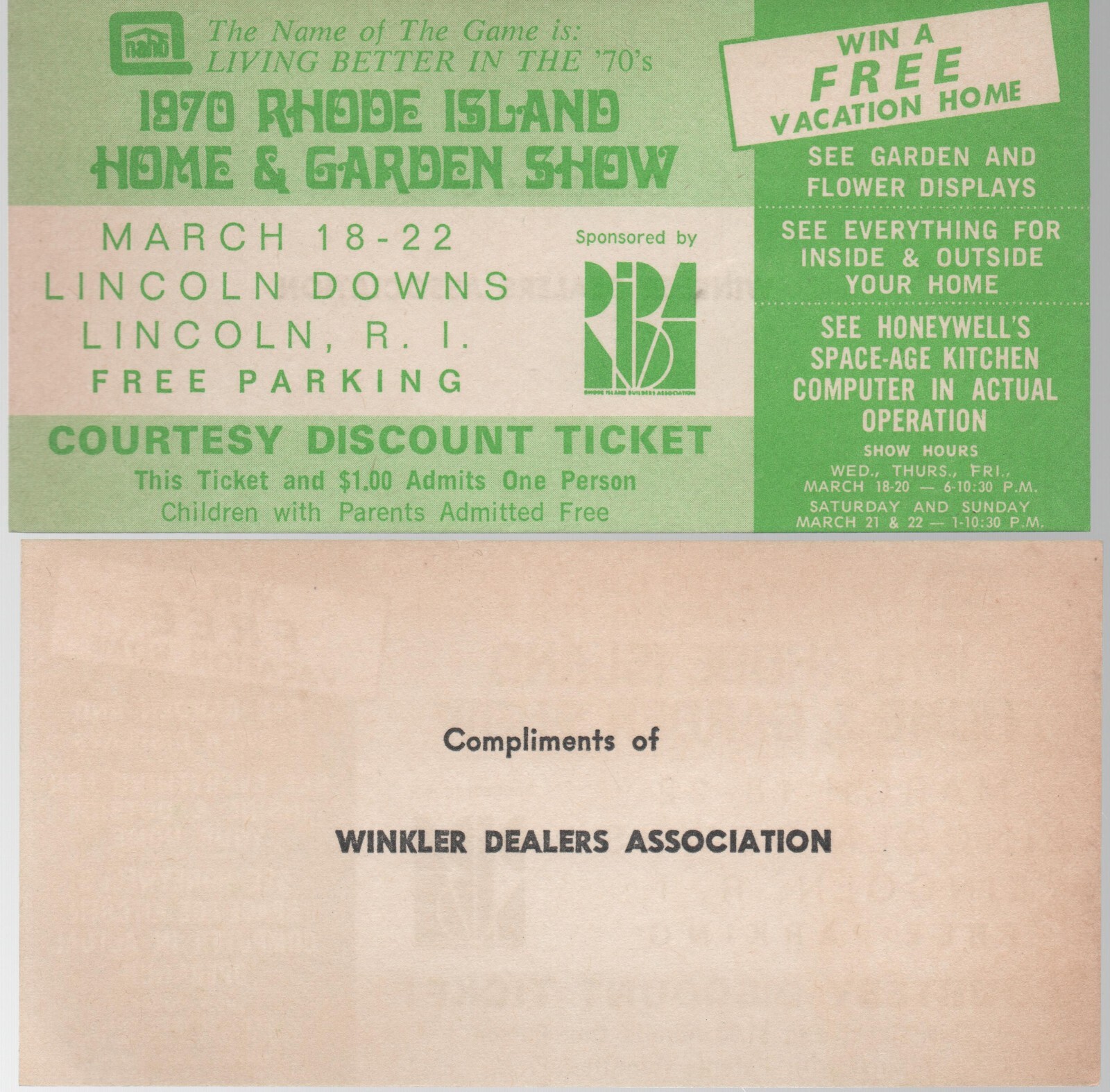 1970 Rhode Island Home & Garden Show Tickets, Lincoln March 18 - 22 Vintage