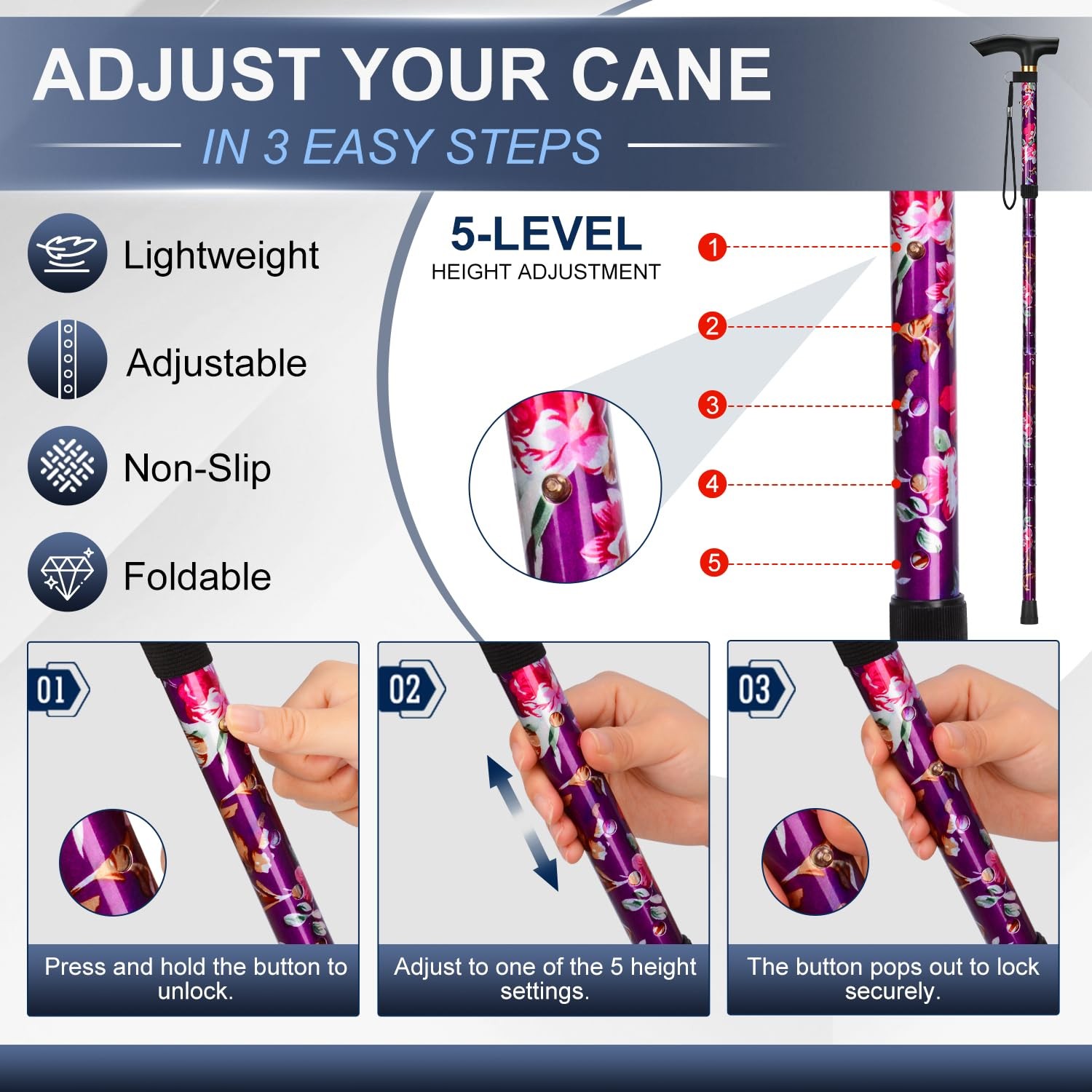 supregear Folding Cane, 5-Level Adjustable Height Walking 10", Purple Floral