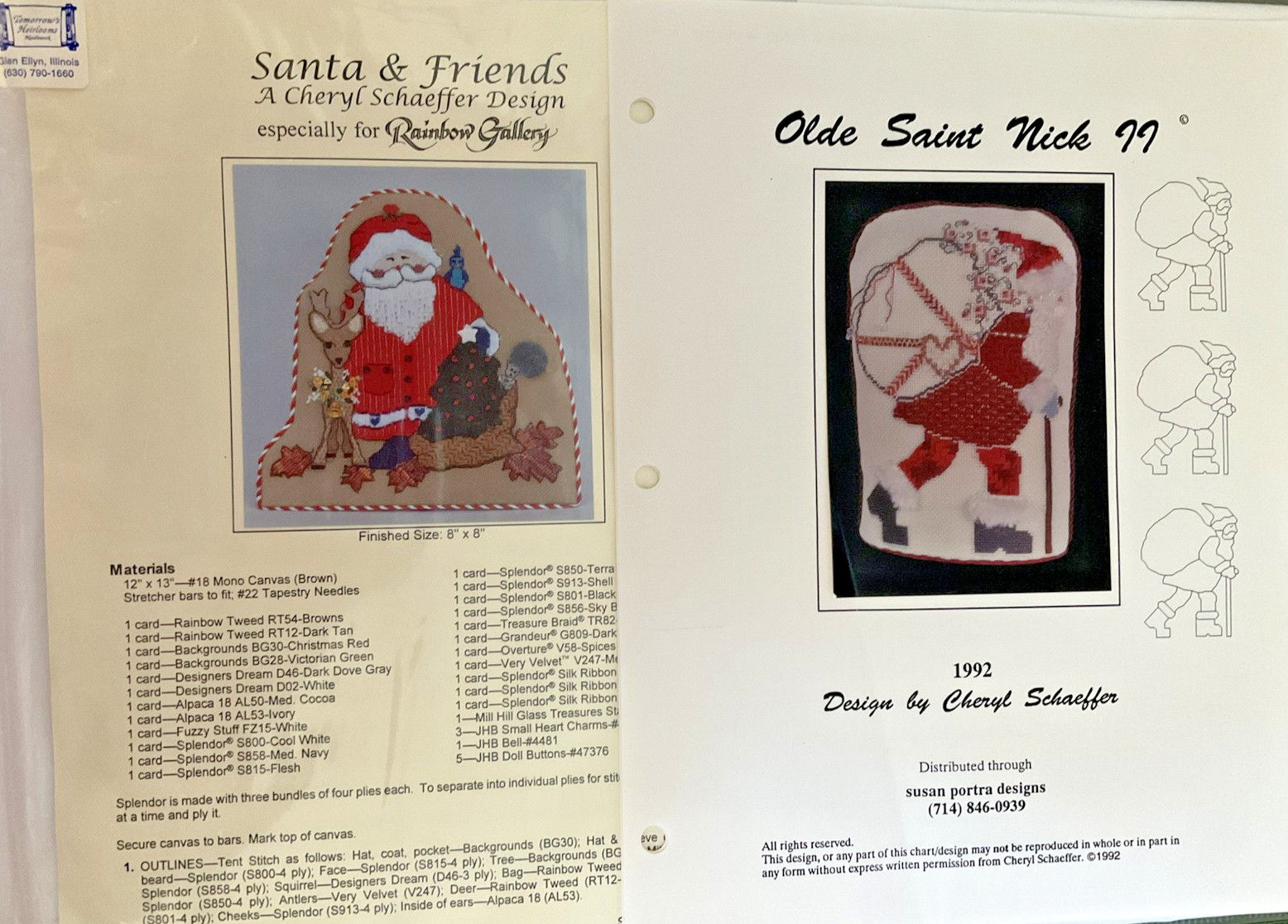 Cheryl Schaeffer Lot of 2 Needlepoint Charts Santa & Friends Olde Saint Nick