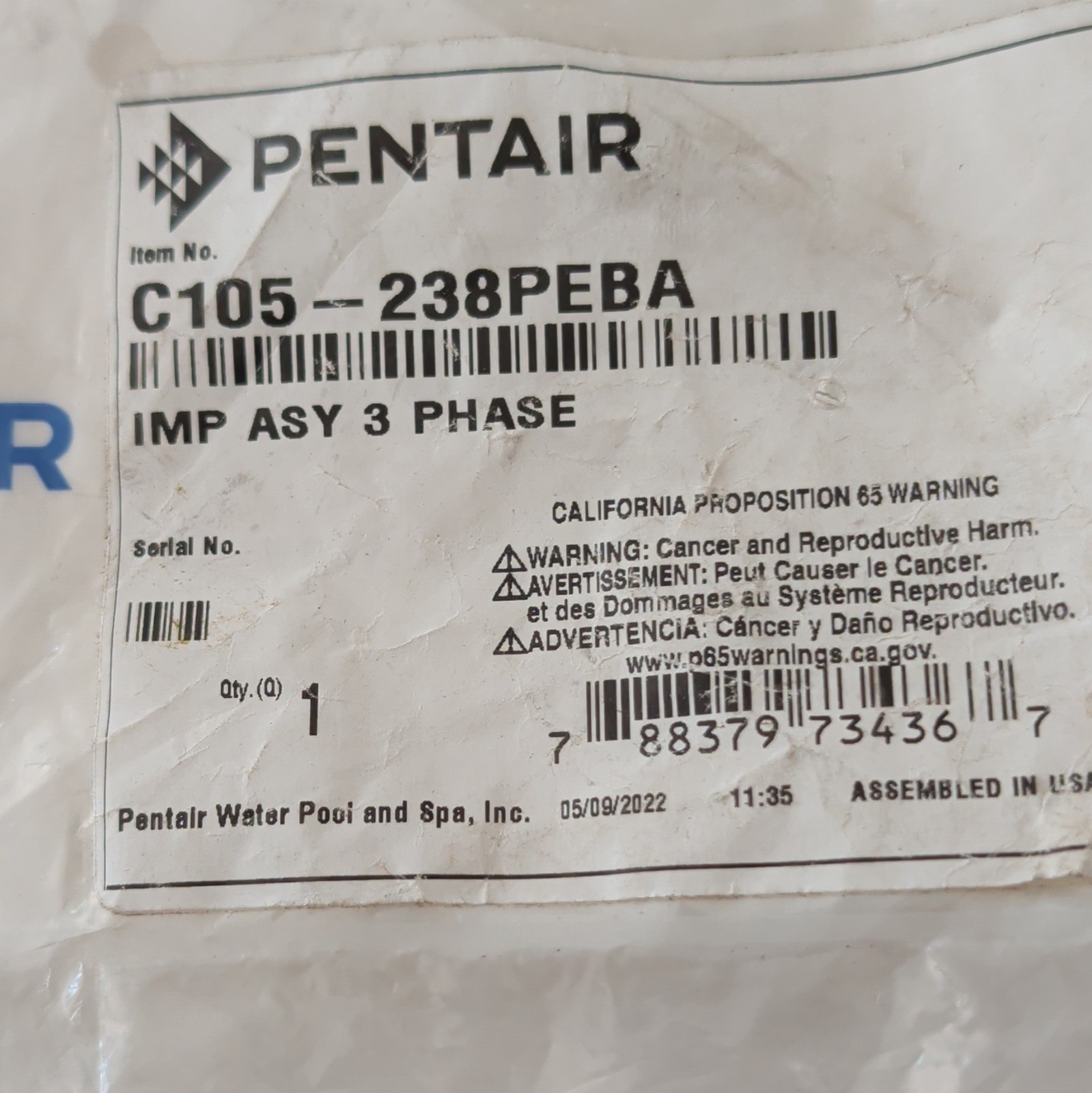 Pentair Sta-Rite Max-E-Glas Max-E-Pro Pool Pump 2 HP Impeller Part C105-238PEBA