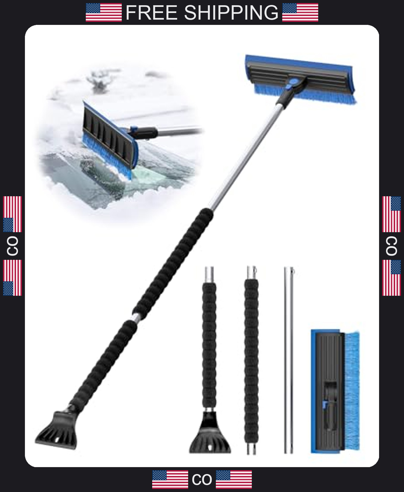 Extendable Car Snow Brush with Ice Scraper and Rotating Head