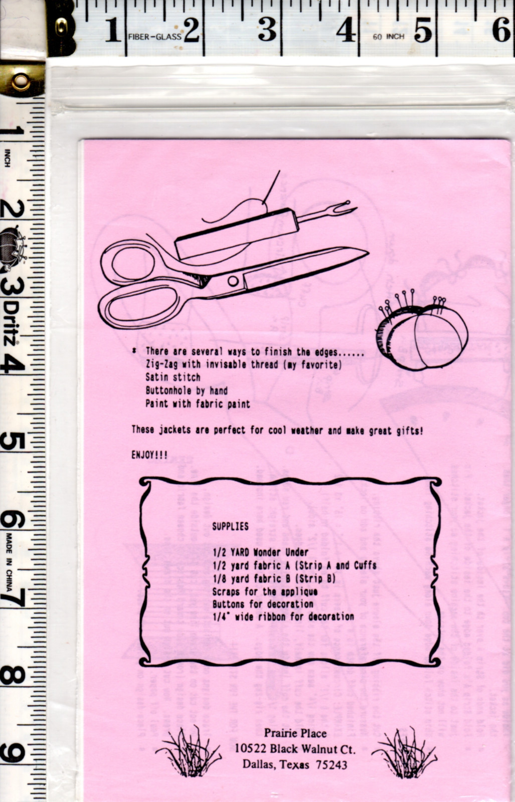 UNCUT Prairie Place Sewing Applique Pattern "The Three Hour Jacket Too" Embellis