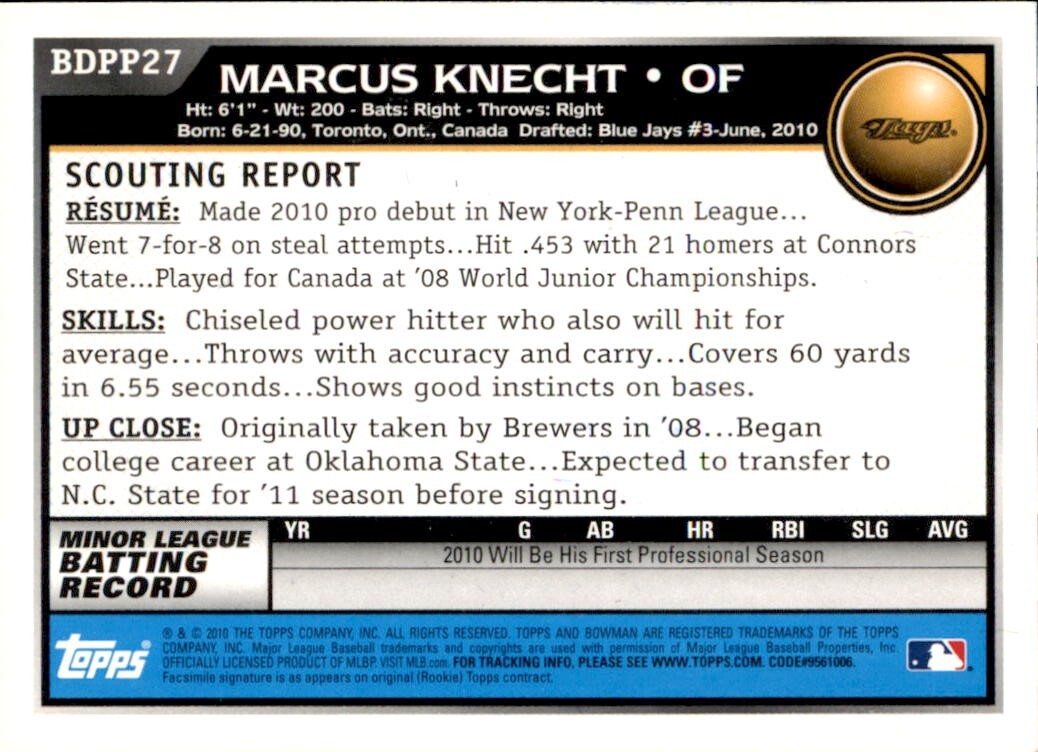 Marcus Knecht Signed 2010 Bowman Draft Prospects Card #BDPP27 New York Yankees