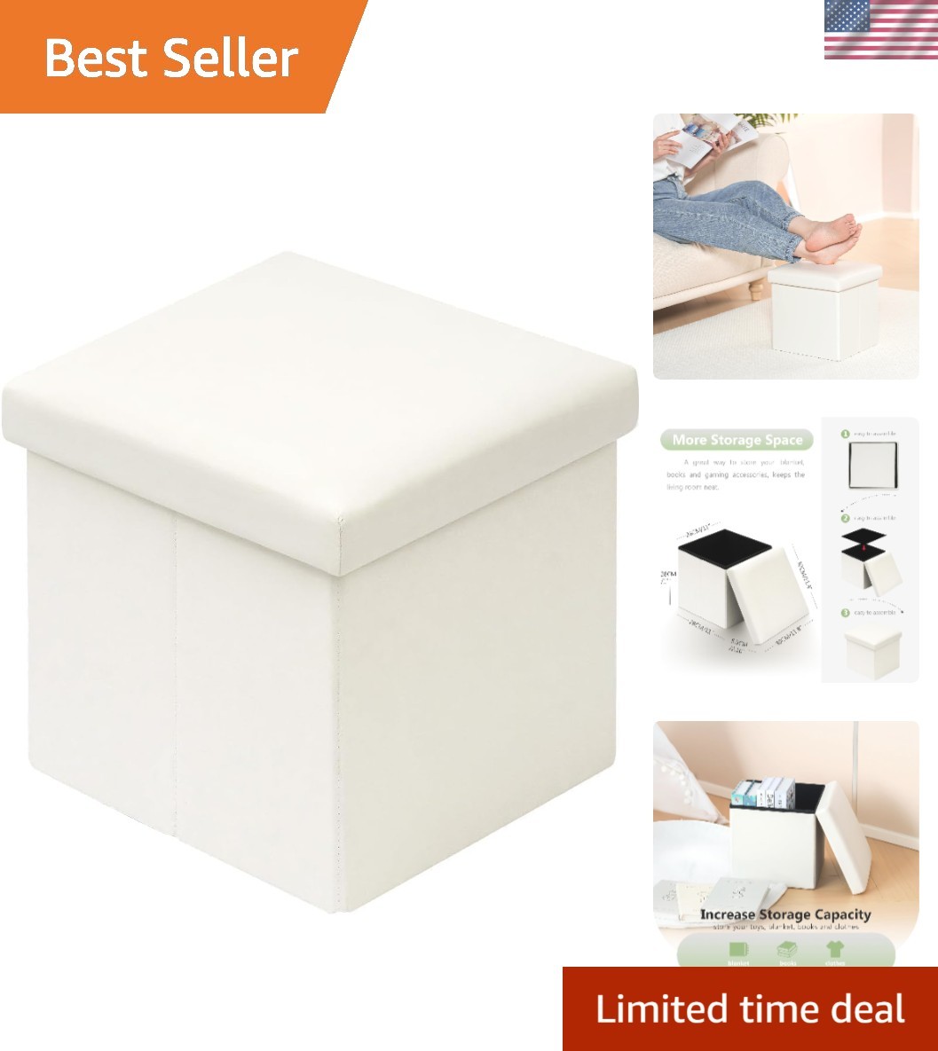 Elegant Folding Storage Ottoman Cube in Faux Leather - Versatile & Compact 11.8"
