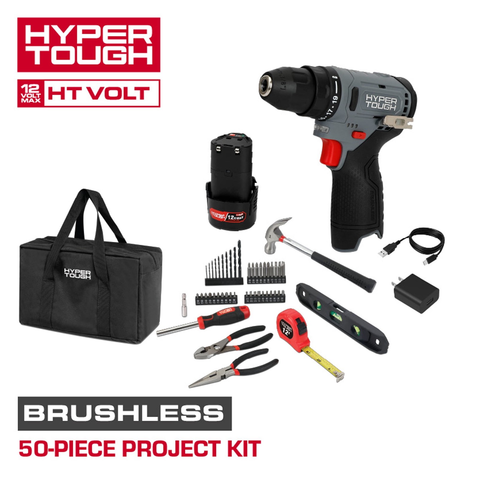 Hyper Tough 12V Brushless Cordless 50-Piece Project Kit Battery Charger Drill